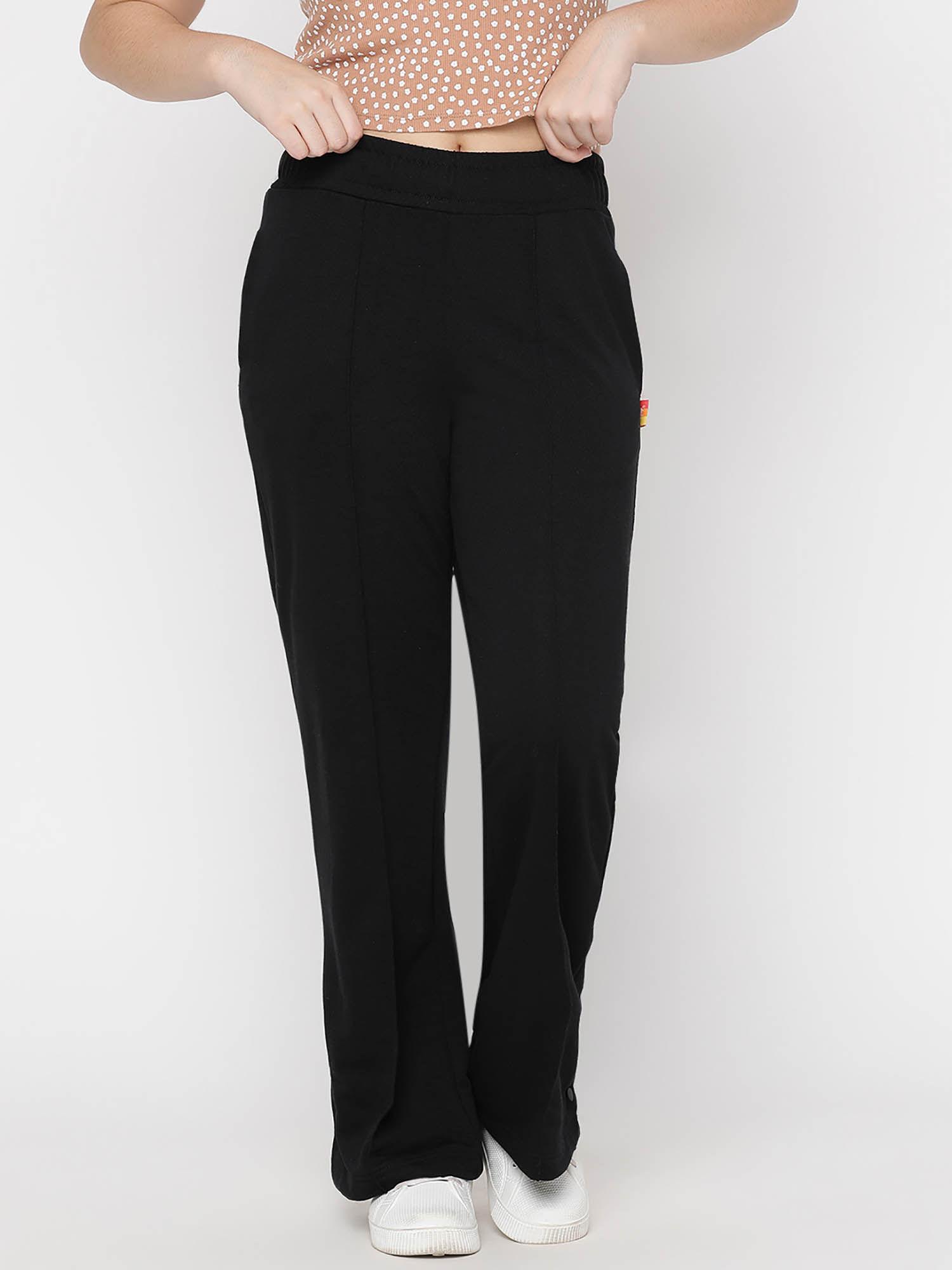 Girls Solid Light Weight Cotton Looper Flared Trackpants Black