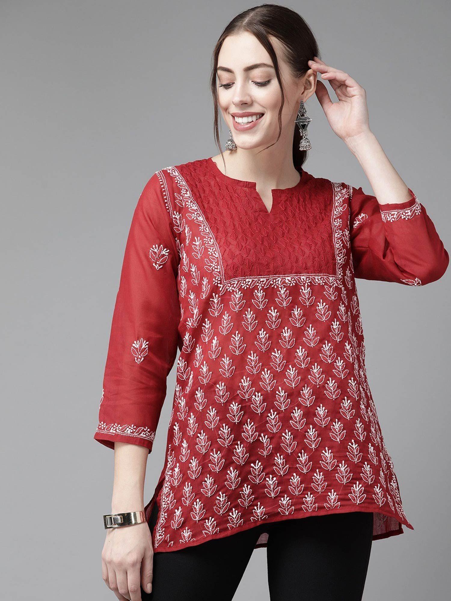 Hand Embroidered Red Cotton Traditional Lucknow Women Chikankari Kurti A911213