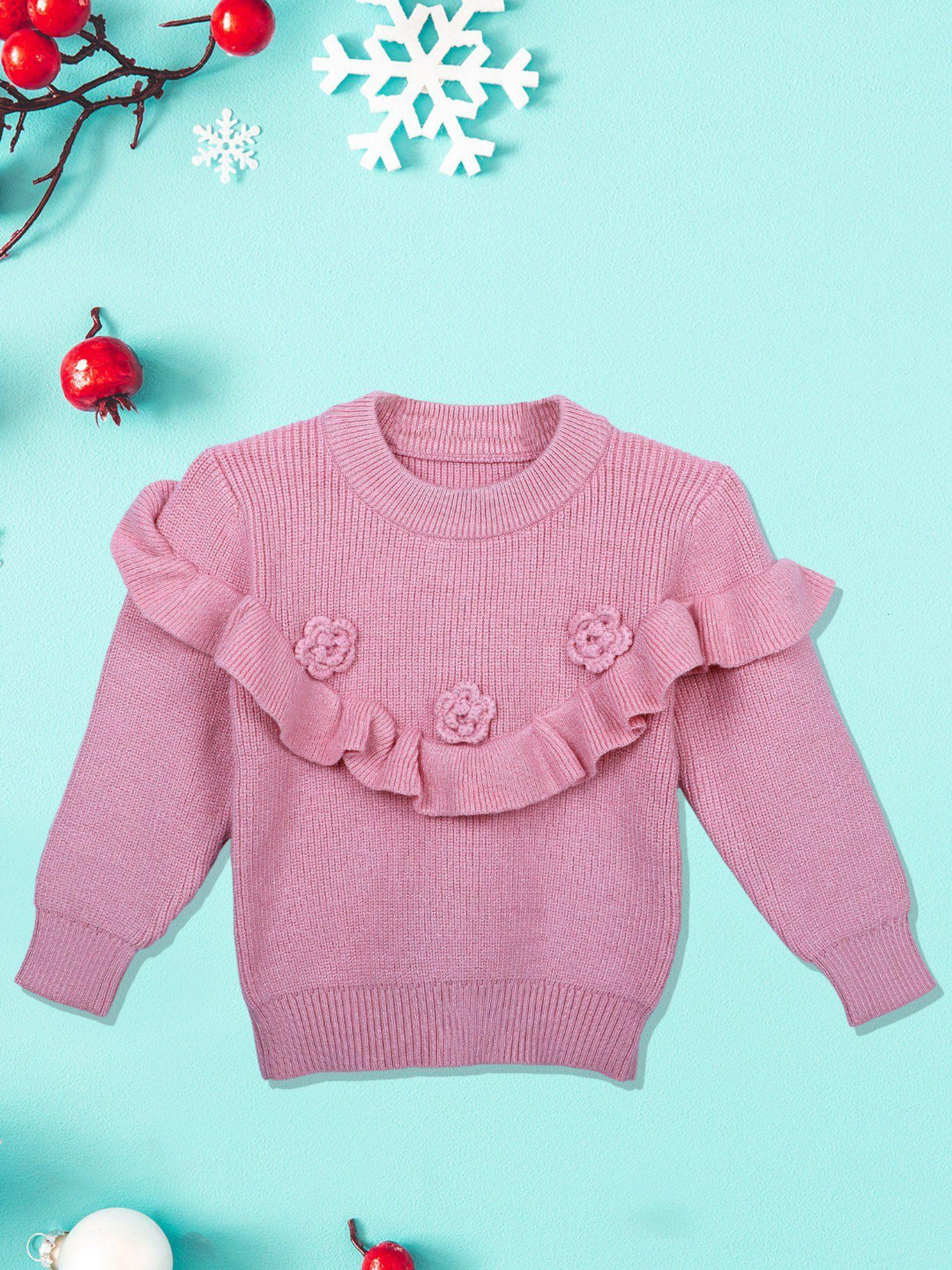 Flowers and Frills Premium Full Sleeves Knitted Sweater Pink