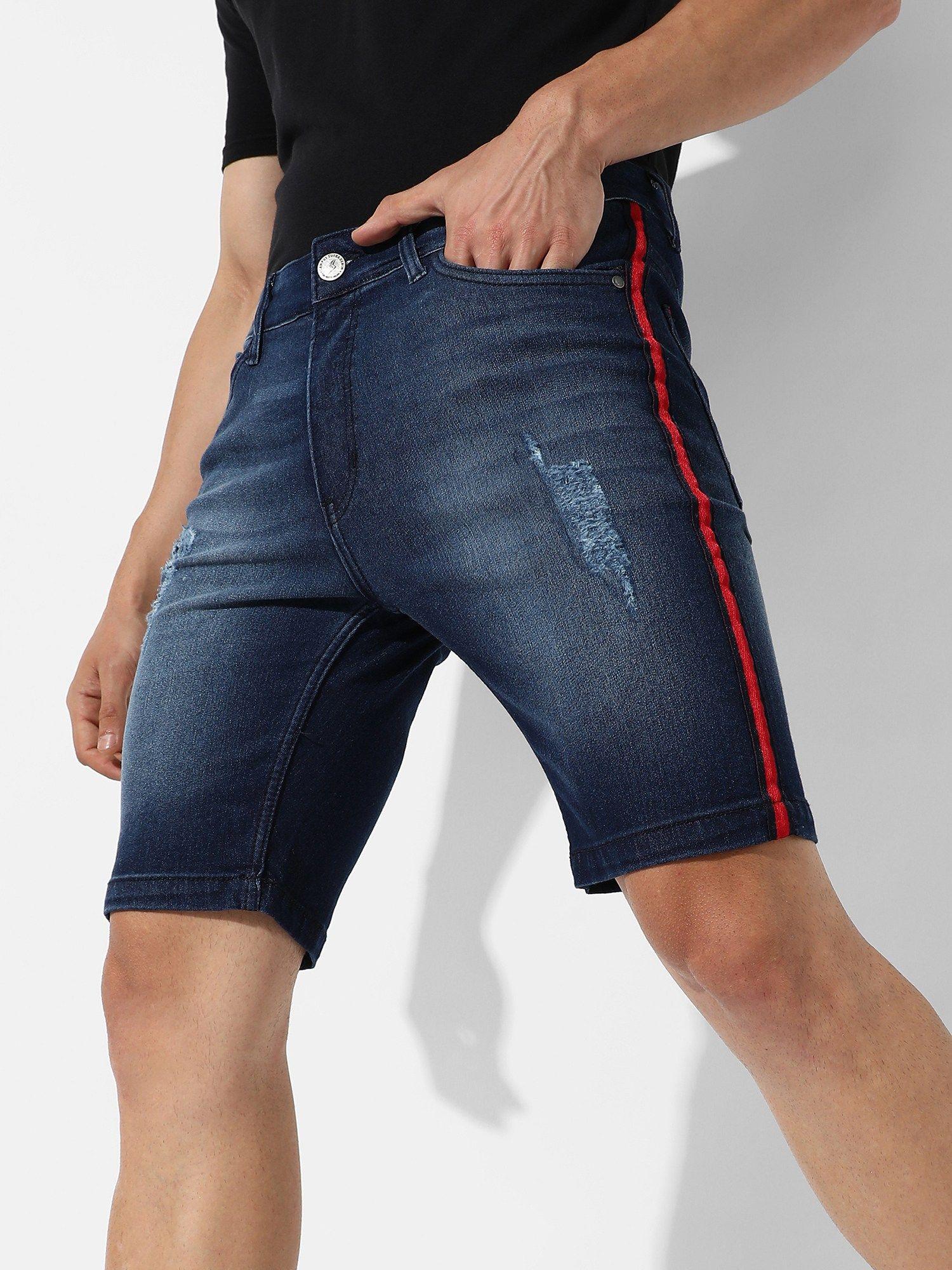 Men Side-Striped Dark-Wash Denim Shorts