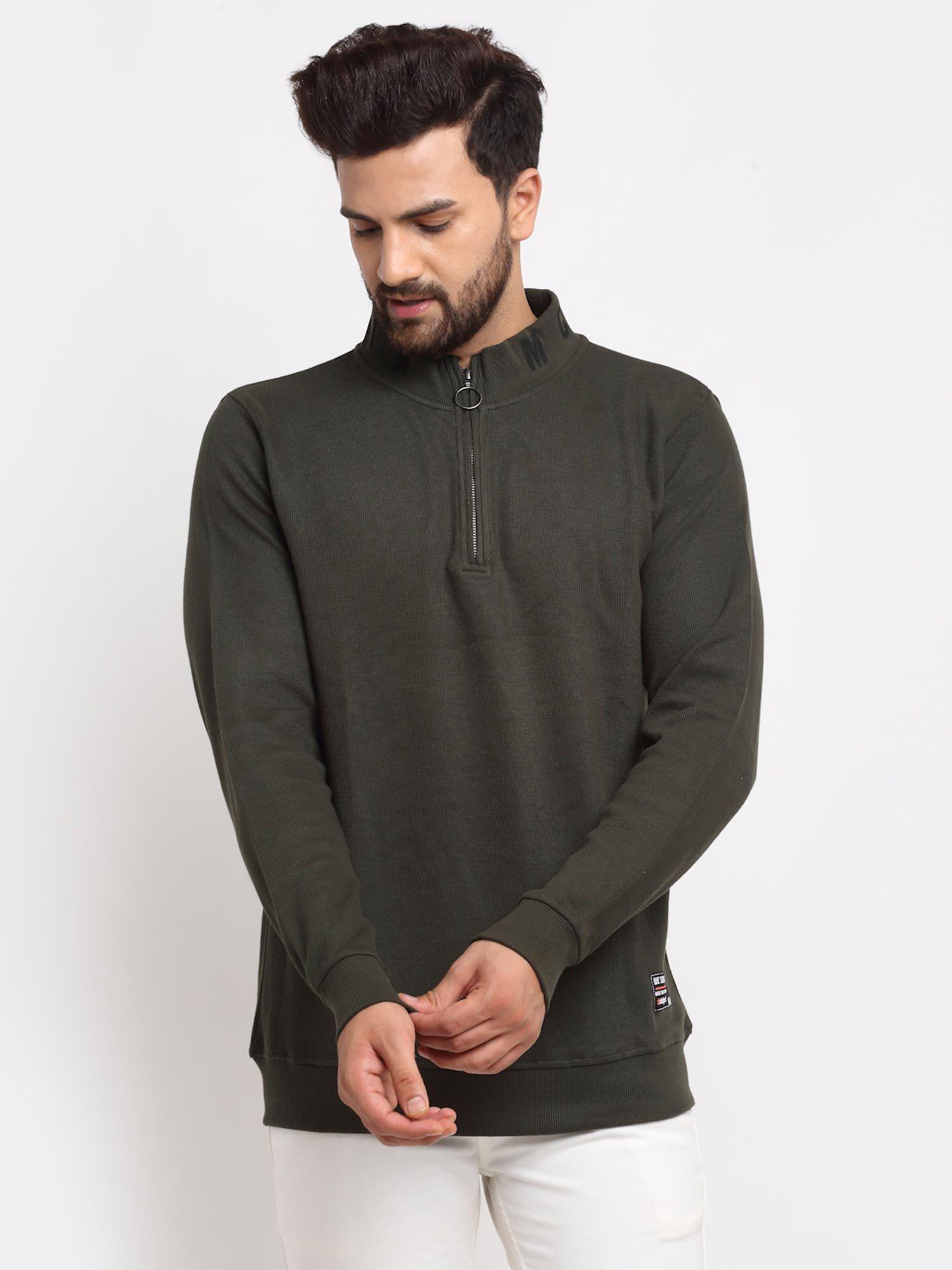 Men's Olive Full Sleeve Solid Front Half Zipper High Neck Sweatshirt