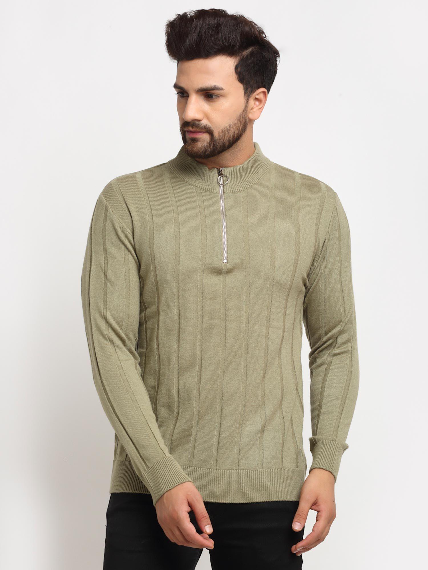 Men's Olive Full Sleeve Striped Front Half Zipper High Neck Sweater