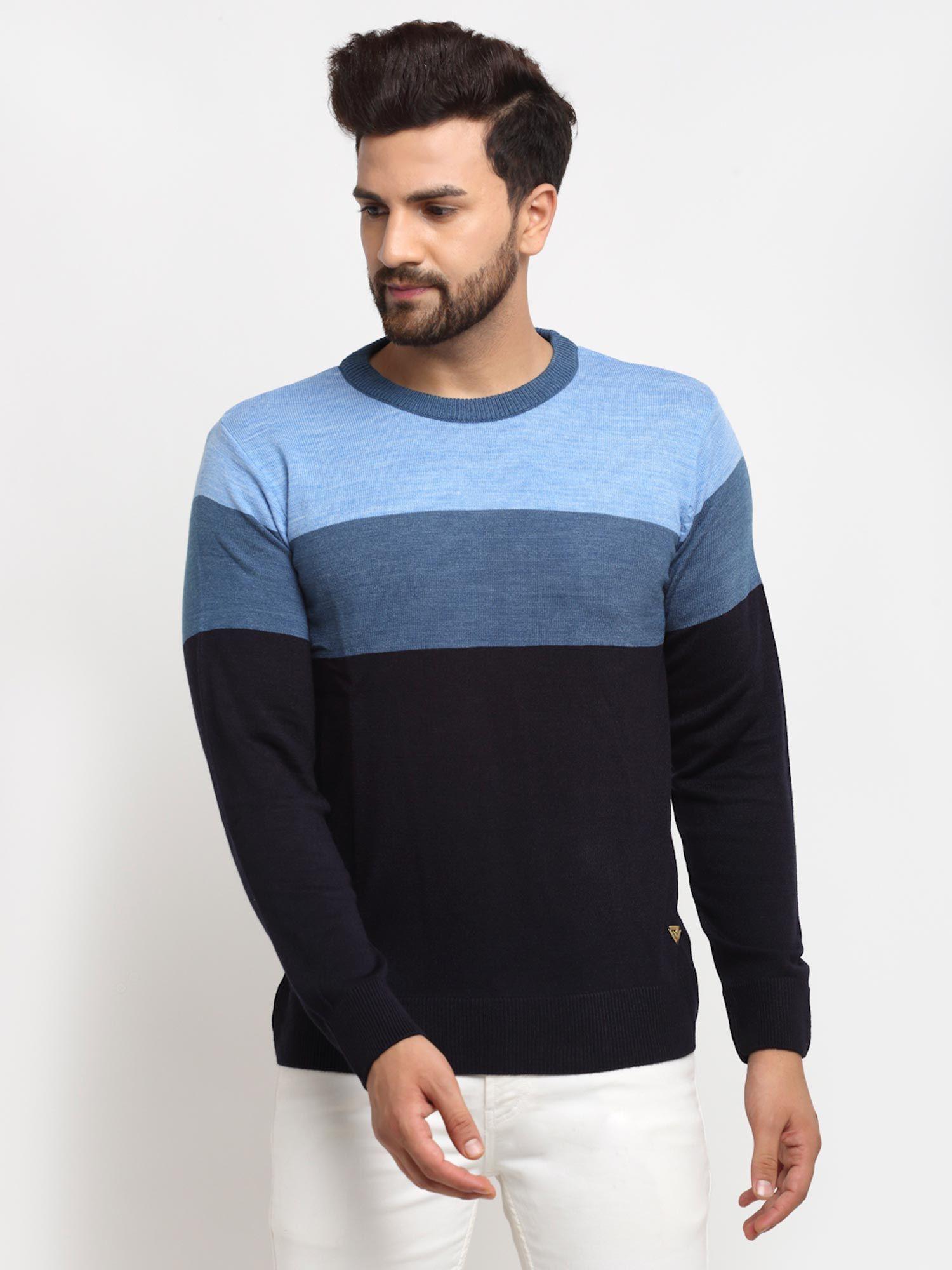 Men's Denim Blue Full Sleeve Colour blocked Round Neck Sweater