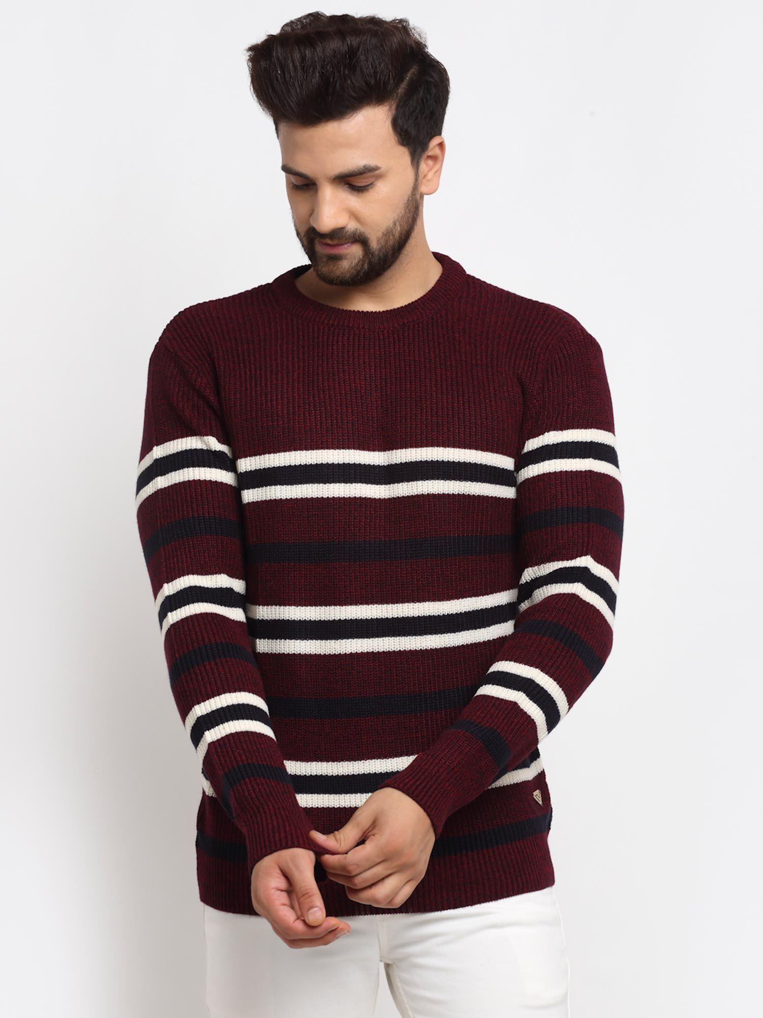 Men's Maroon Full Sleeve Striped Round Neck Sweater