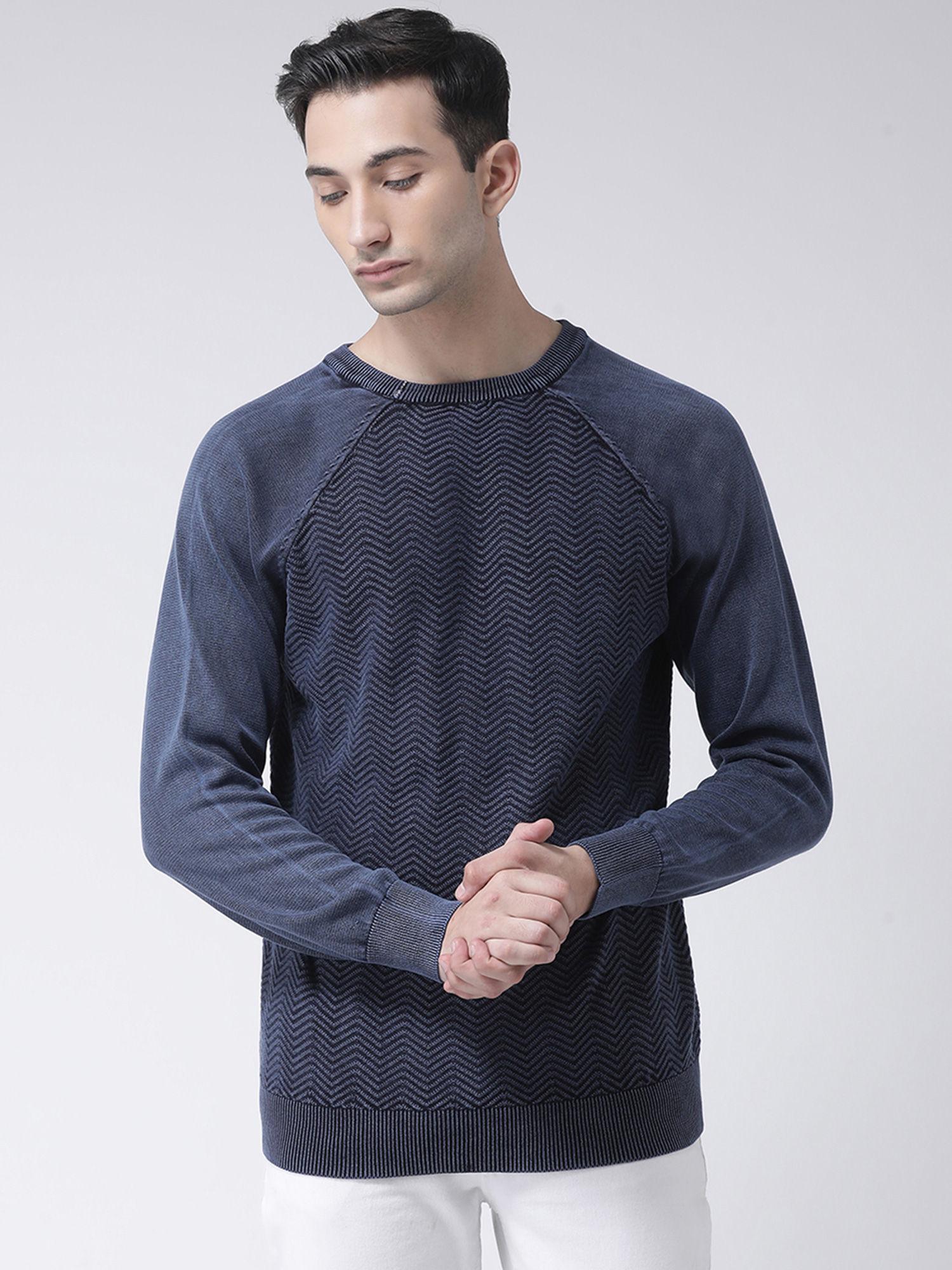 Indigo Full Sleeve Self Design Round Neck Sweater