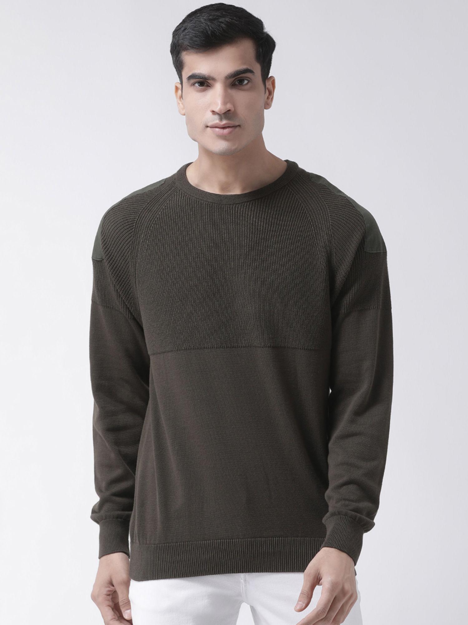 olive-full-sleeve-self-design-round-neck-sweater