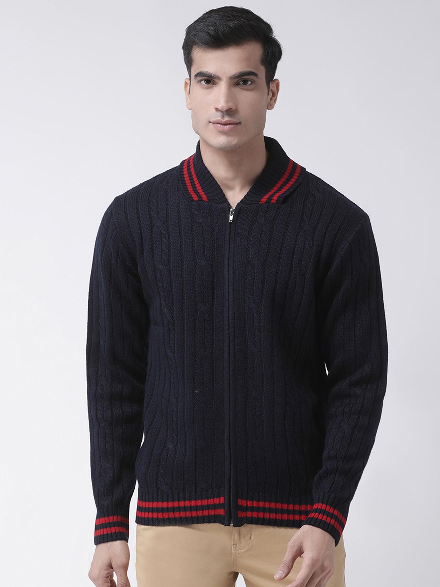 Navy Blue Full Sleeve Self Design Mandarin Neck Sweater