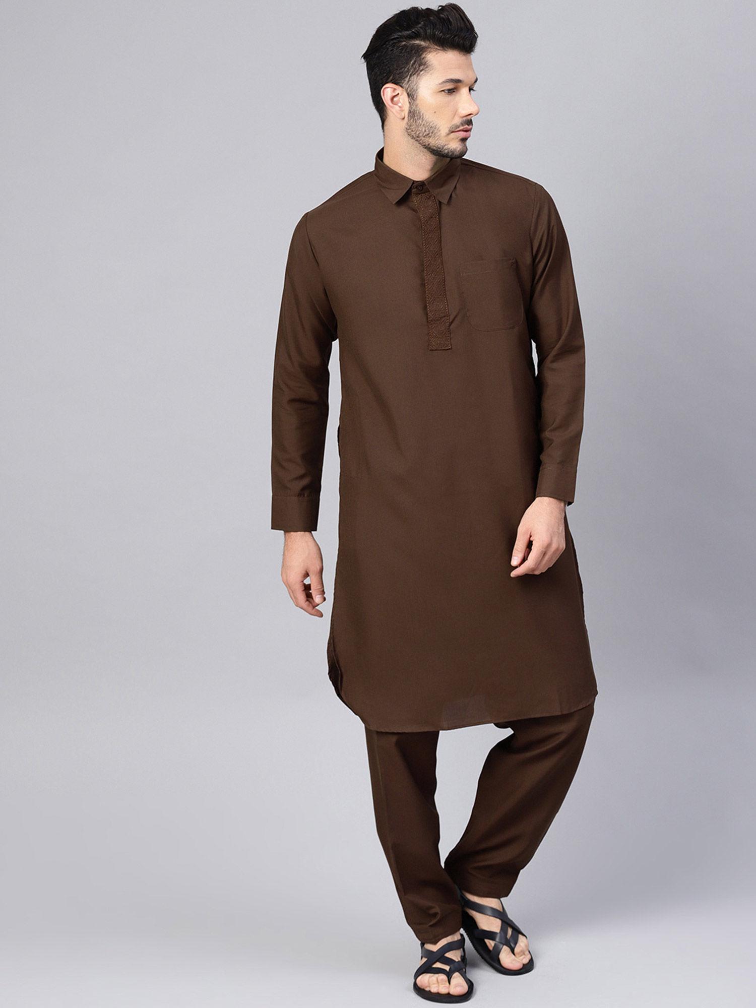 cotton-blend-chocolate-brown-pathani-kurta-and-salwar-(set-of-2)