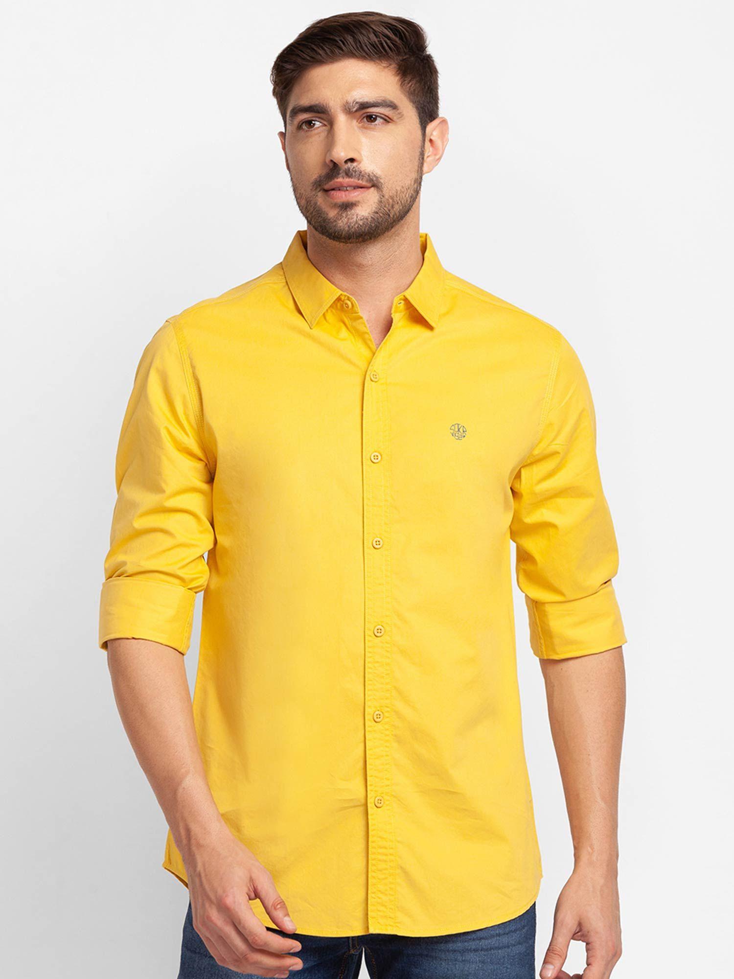 Sulphur Yellow Cotton Full Sleeve Plain Shirt for Men