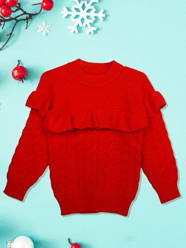 Ruffled Jumper Premium Full Sleeves Braided Knit Sweater Red