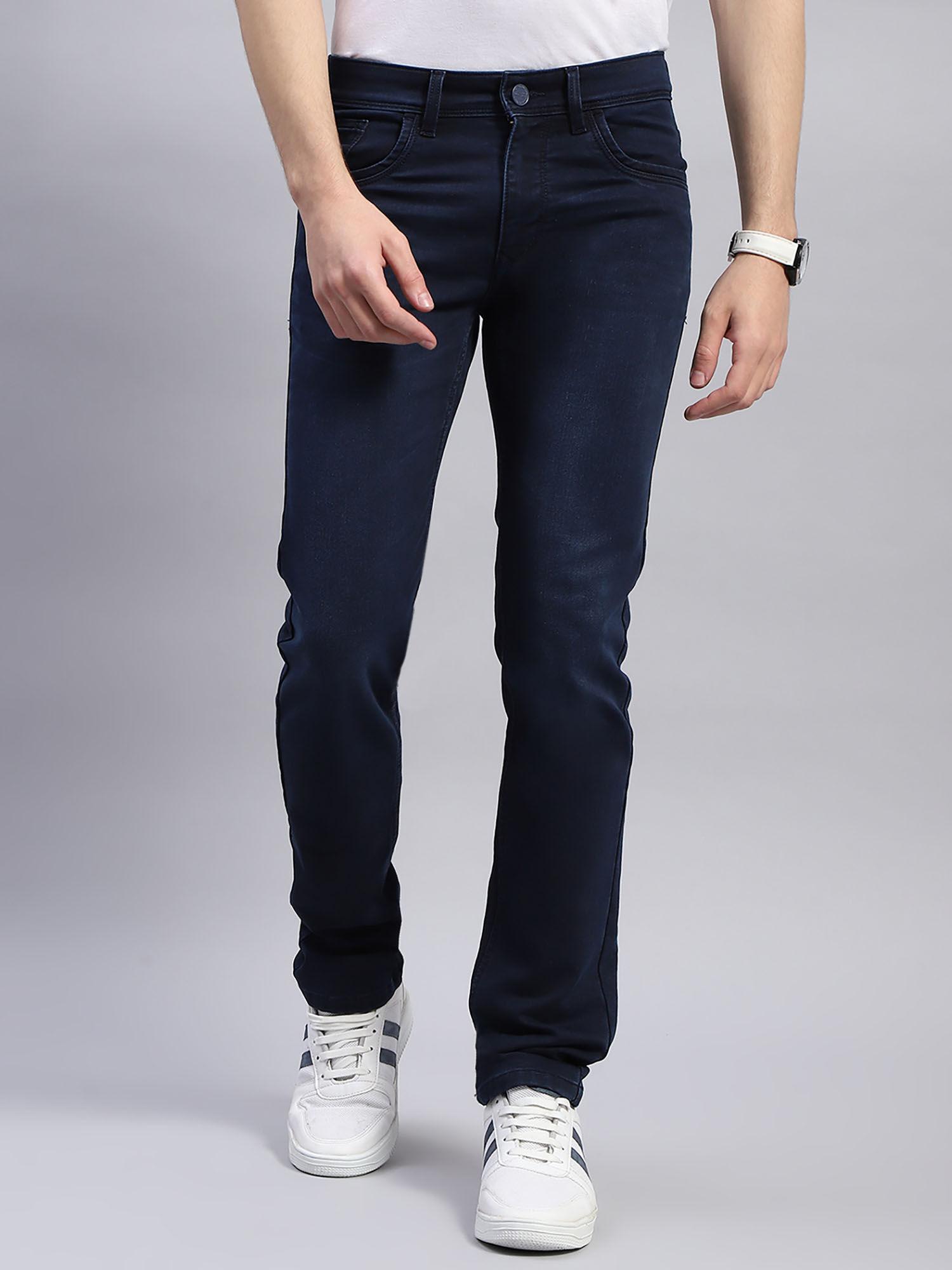 Mens Solid Dark Blue Straight Fit Casual Jeans