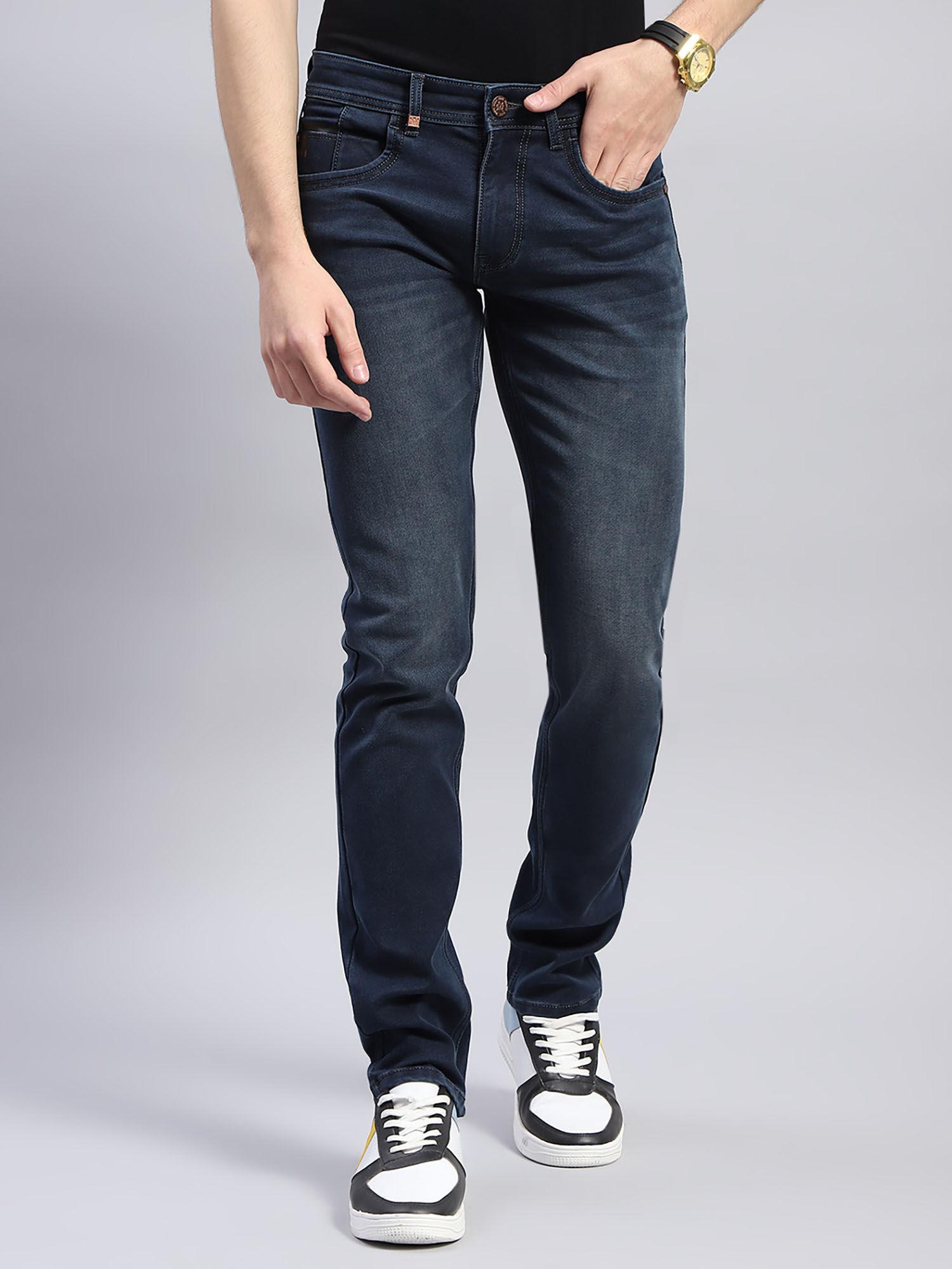 Mens Solid Navy Blue Straight Fit Casual Jeans