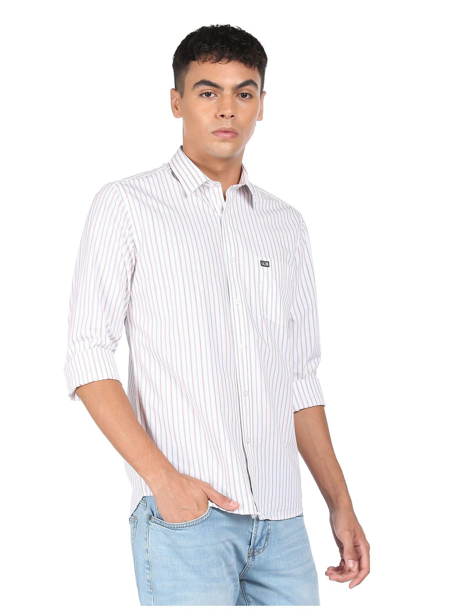 Men White And Pink Cotton Striped Casual Shirt