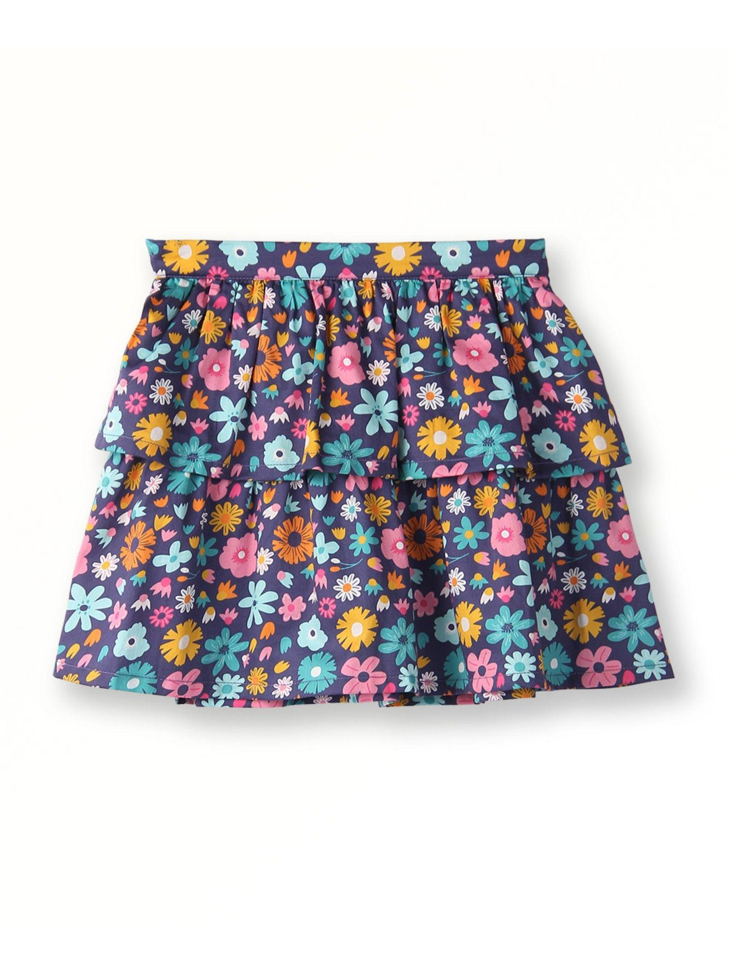 Cotton Floral Printed Frill Detailed Skirt-Multicolor
