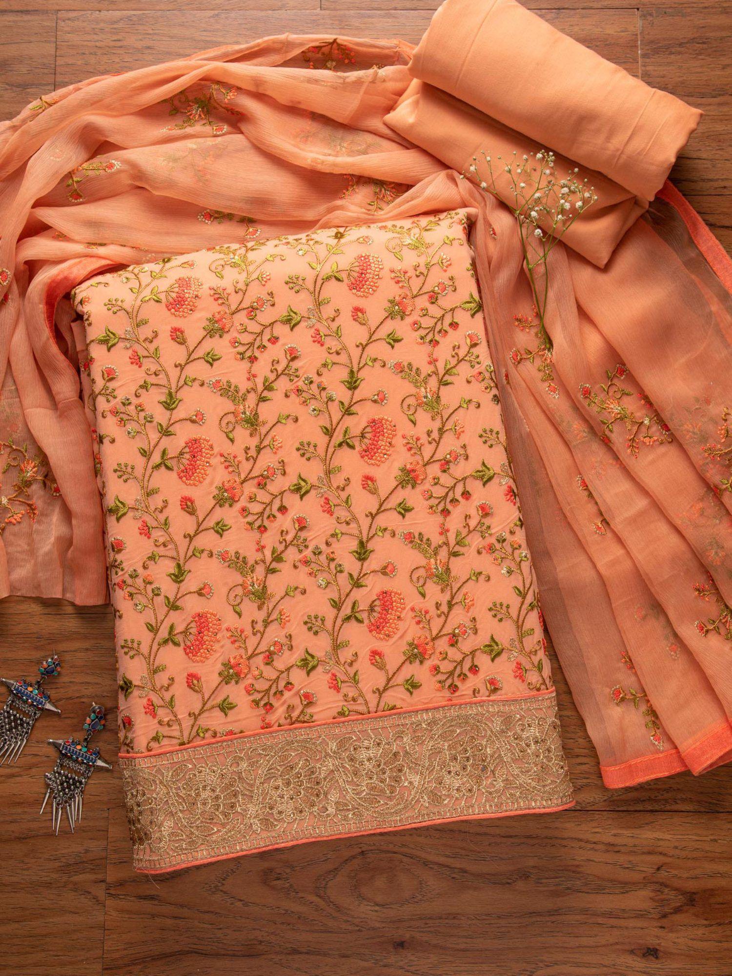 Peach Embroidered Raw Silk Unstitched Salwar Suit
