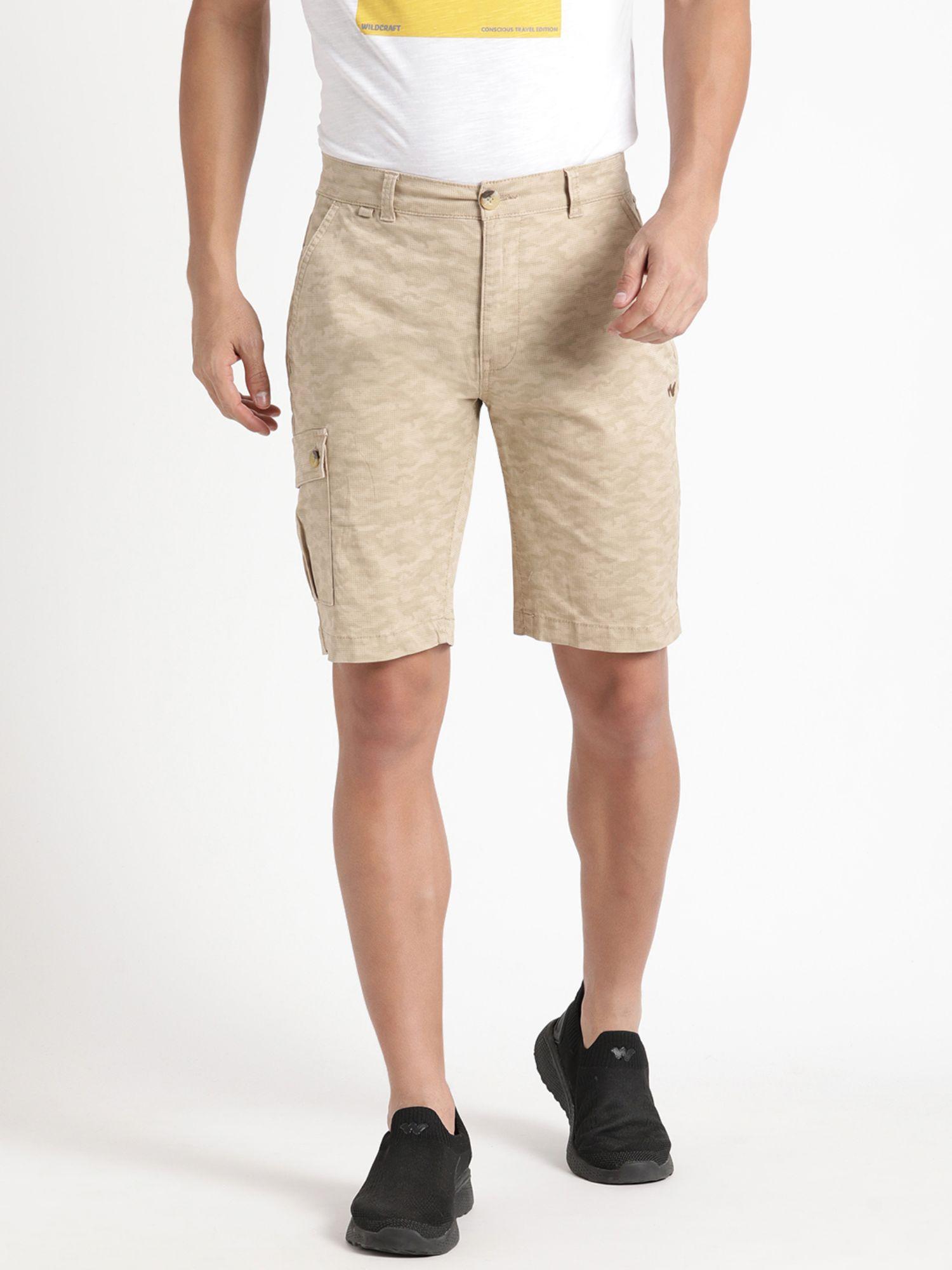 Men Regular Fit Nylon Fabric Camo Printed Anti Odor Shorts-Beige