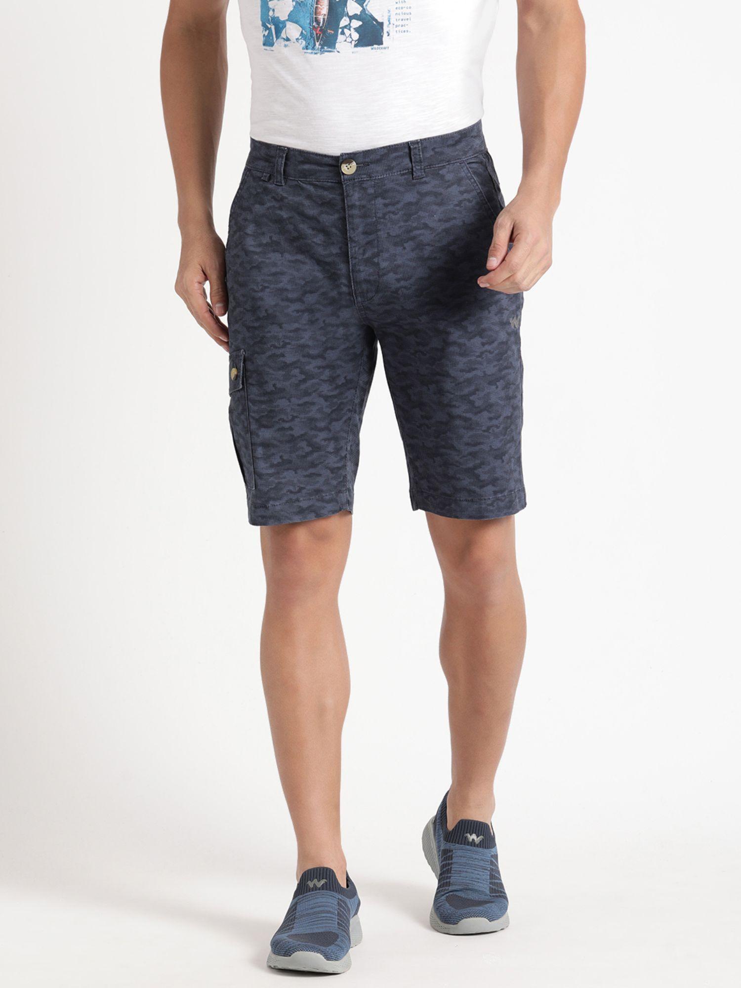 Men Regular Fit Nylon Fabric Camo Printed Anti Odor Shorts-Navy Blue