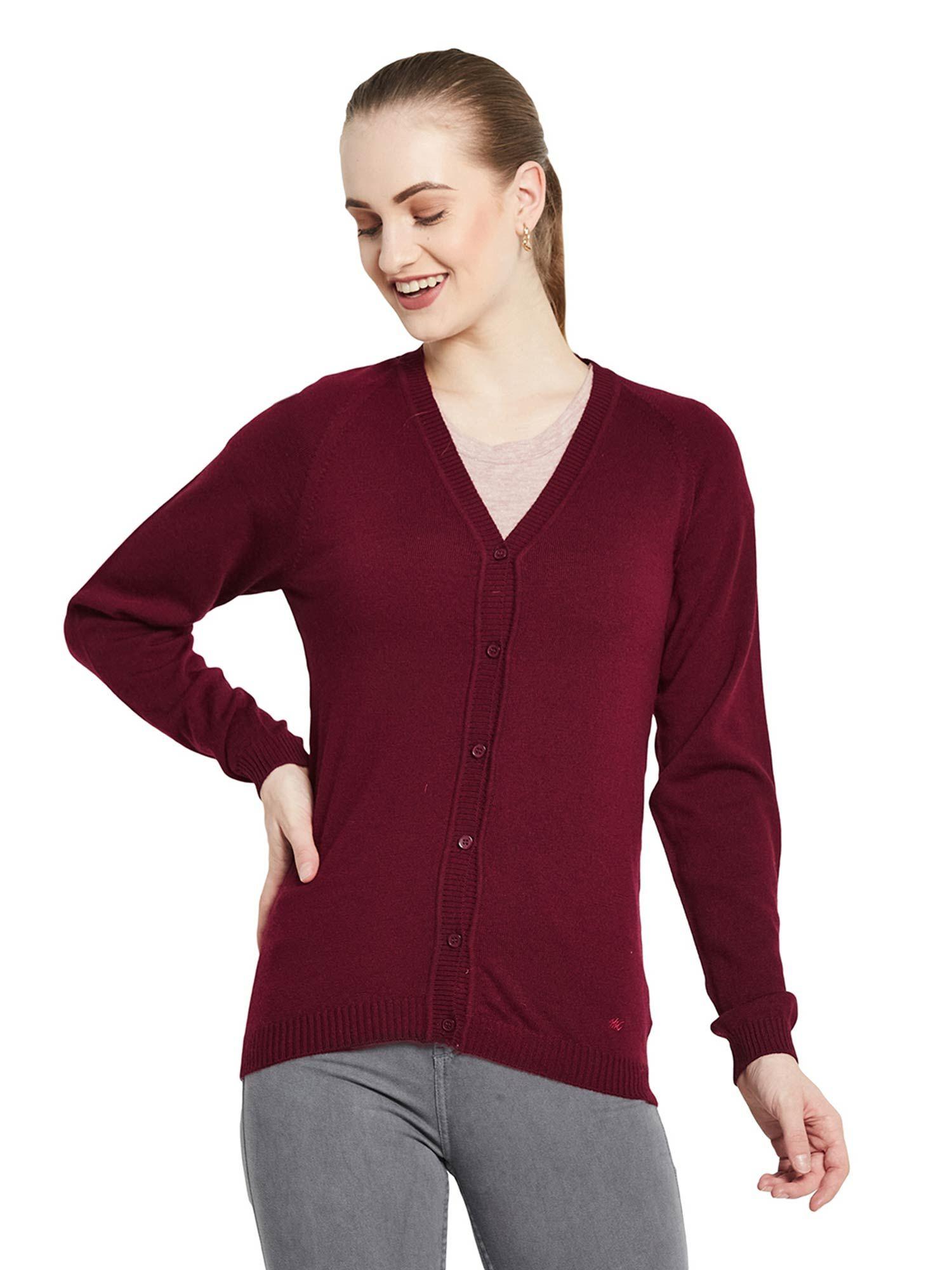 Womens Pure Wool Maroon Solid V Neck Cardigan