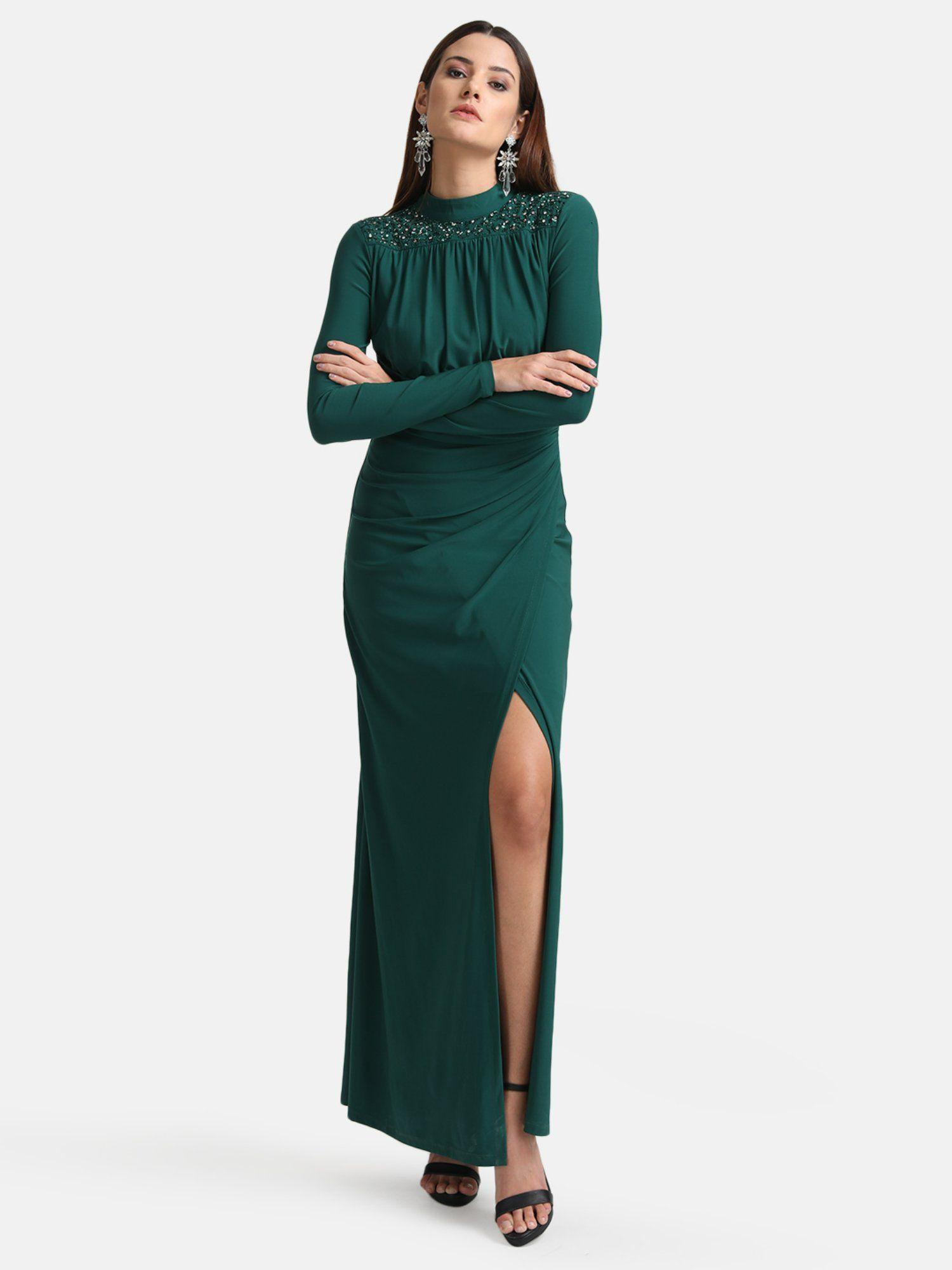 Green Shoulder Padded Wrap Maxi Dress