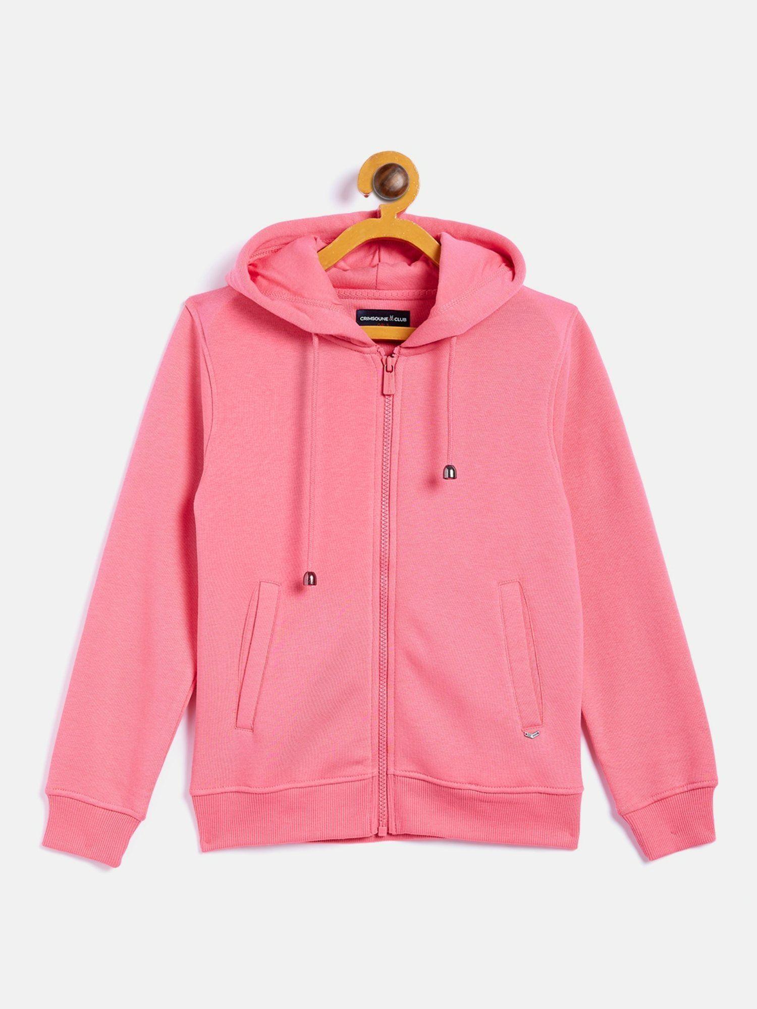 Girls Pink Solid Hooded Sweatshirt