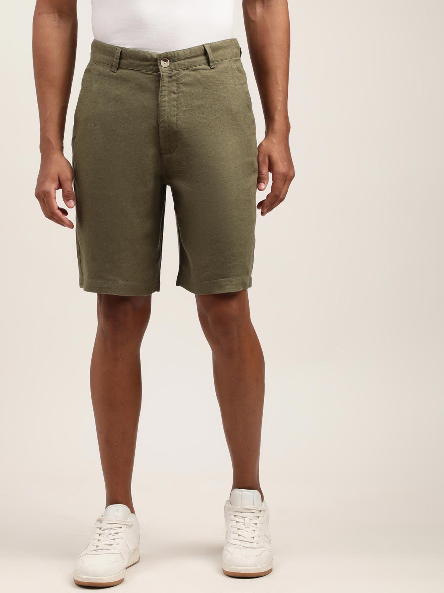Mens Solid Olive Regular Shorts