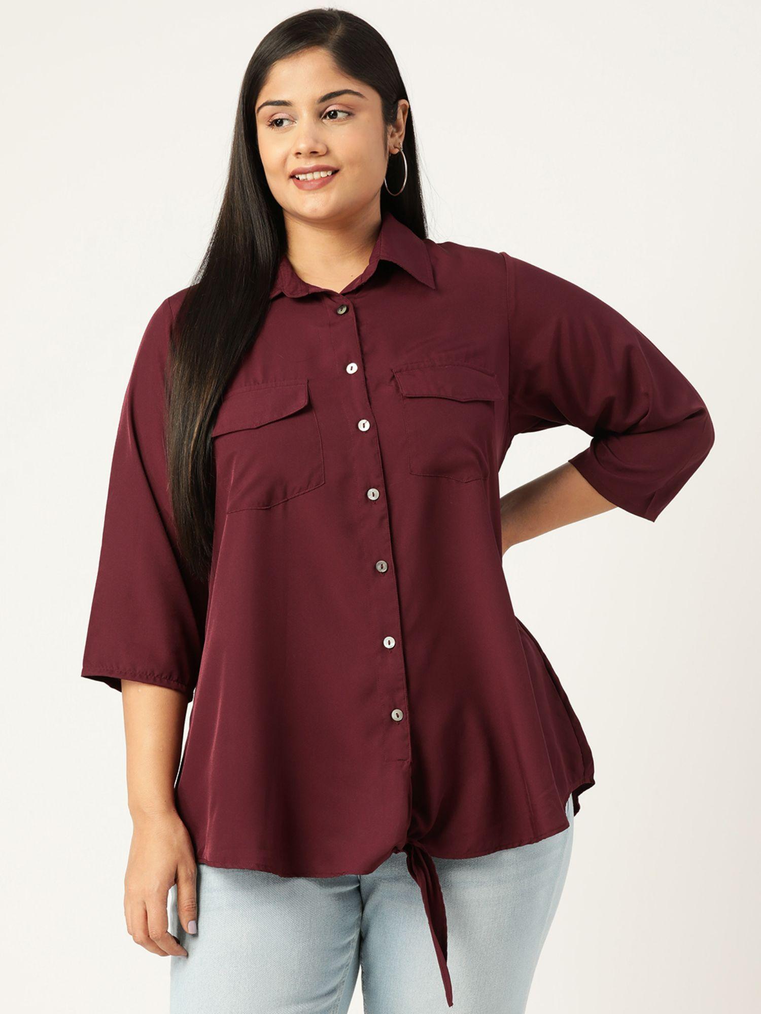 plus-size-women-wine-solid-colour-button-closure-casual-shirt