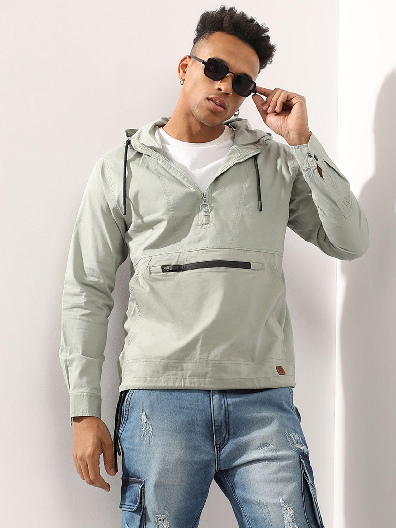Men'S Sage Green Half Zip Utility Jacket With Contrast Drawstring