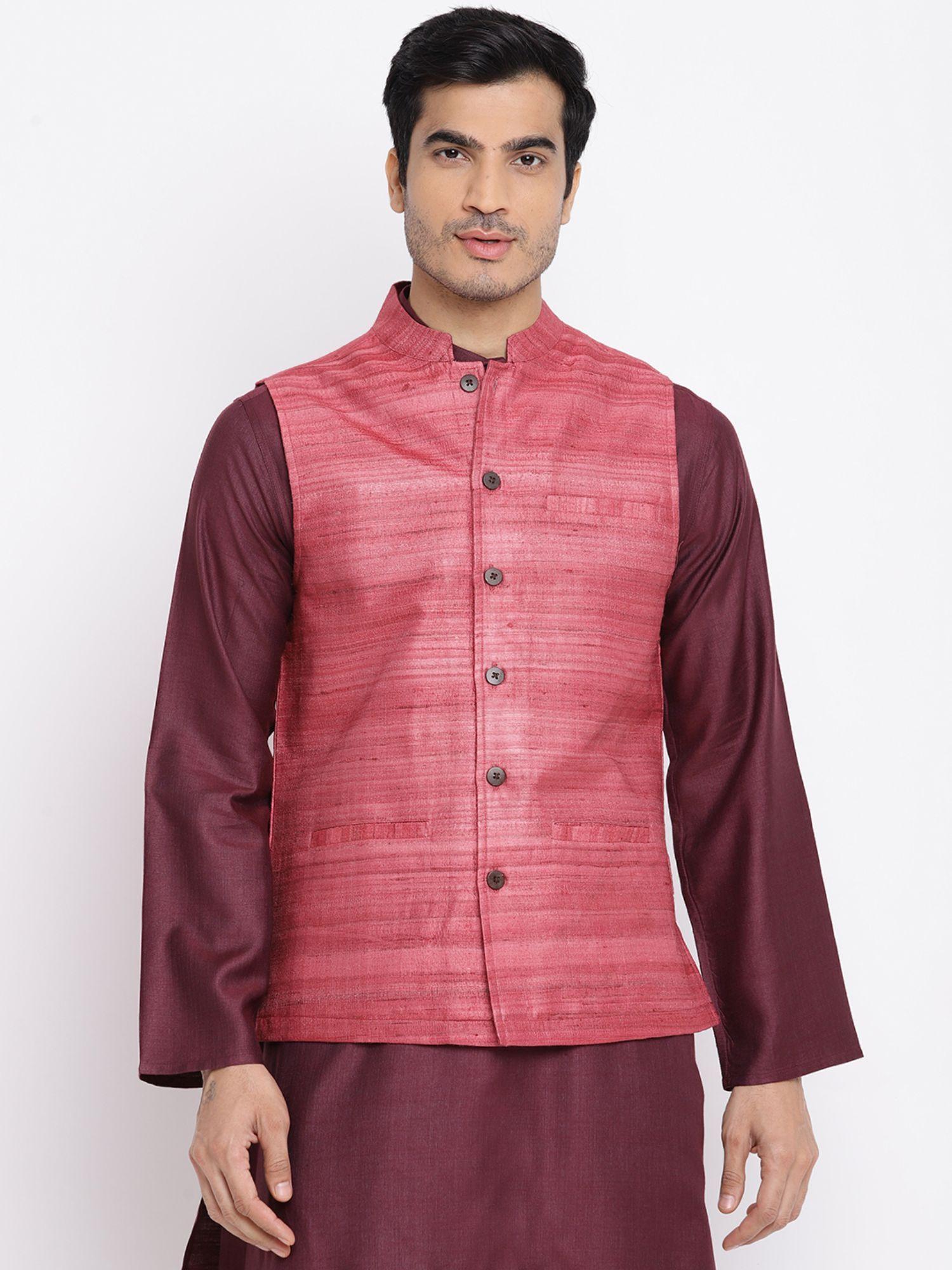 Magenta Silk Woven Nehru Jacket