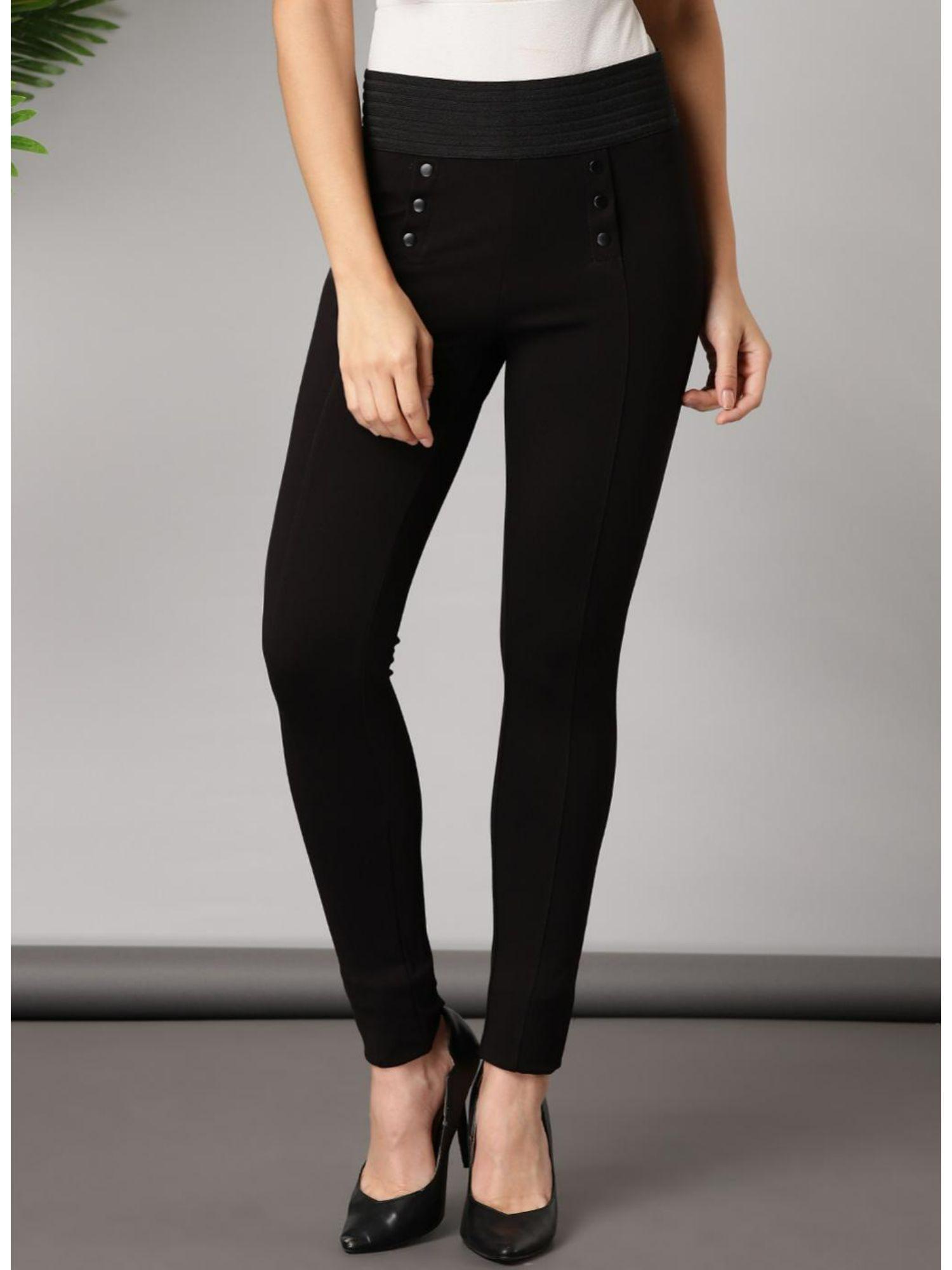 Black Long Elasticate Dated Jeggings With Button Detail