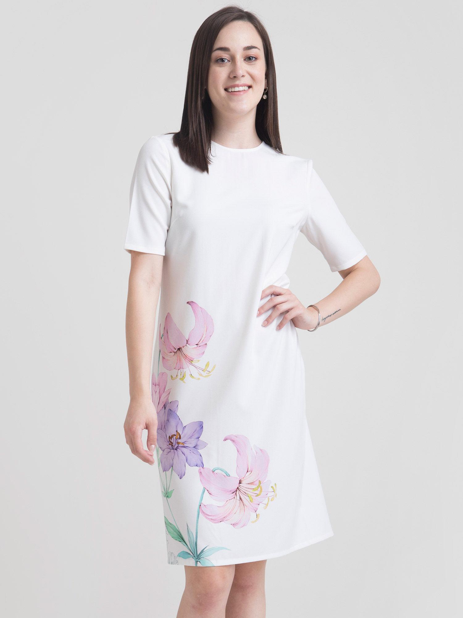Round Neck Watercolour Floral Shift Dress - White