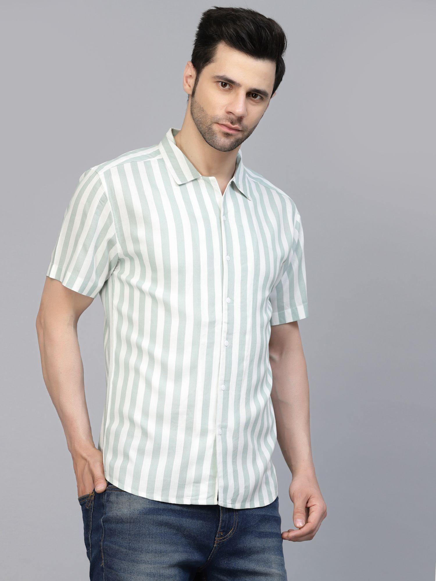 Men White Green Striped Rayon Shirt