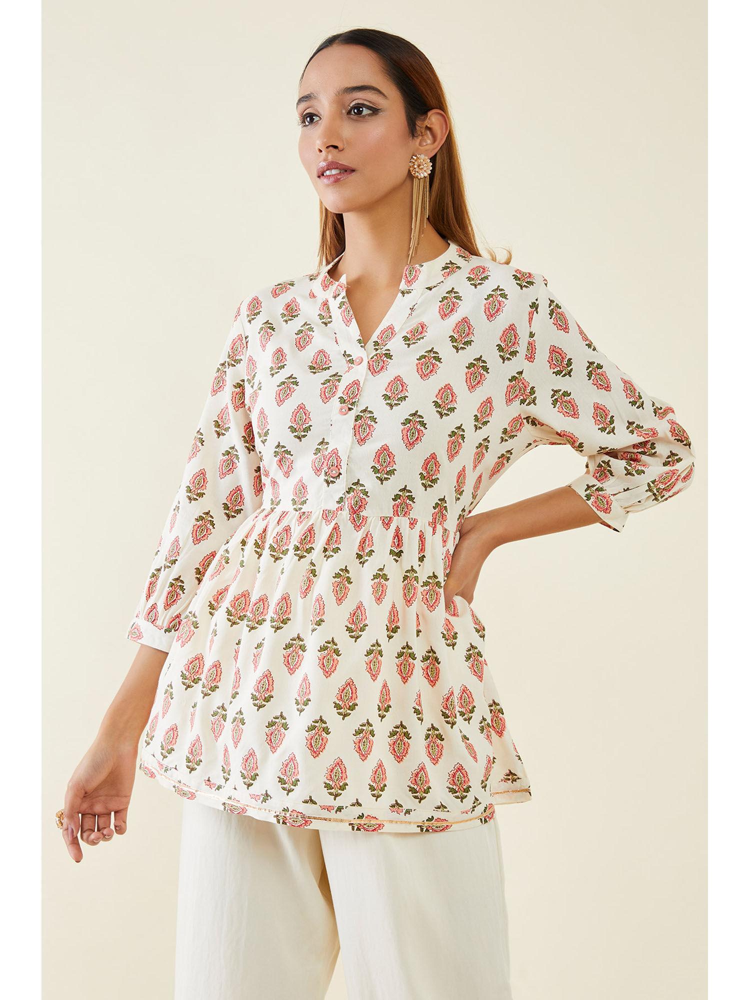 Women Off White Rayon Floral Tunic