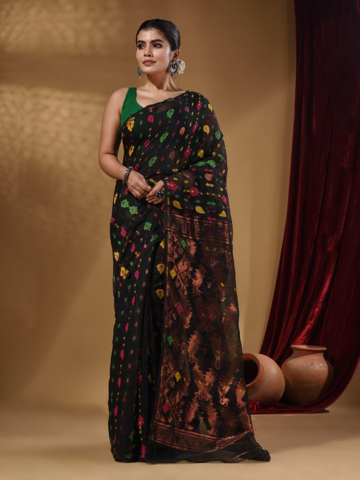 Black Cotton Handwoven jamdhani Saree with Multicolor Woven Designs and Motifs