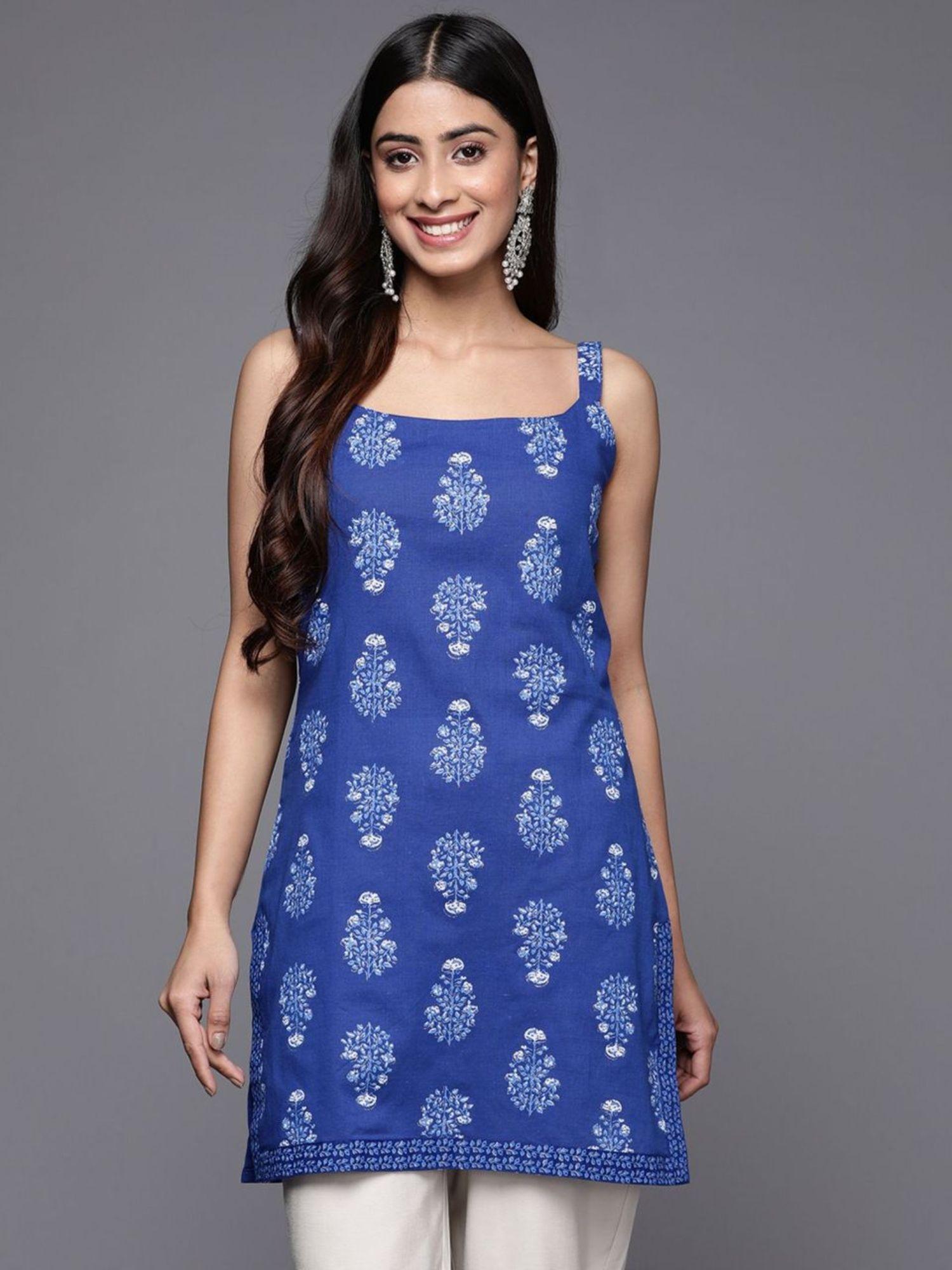 Women Blue Floral Printed Pure Cotton Tunic