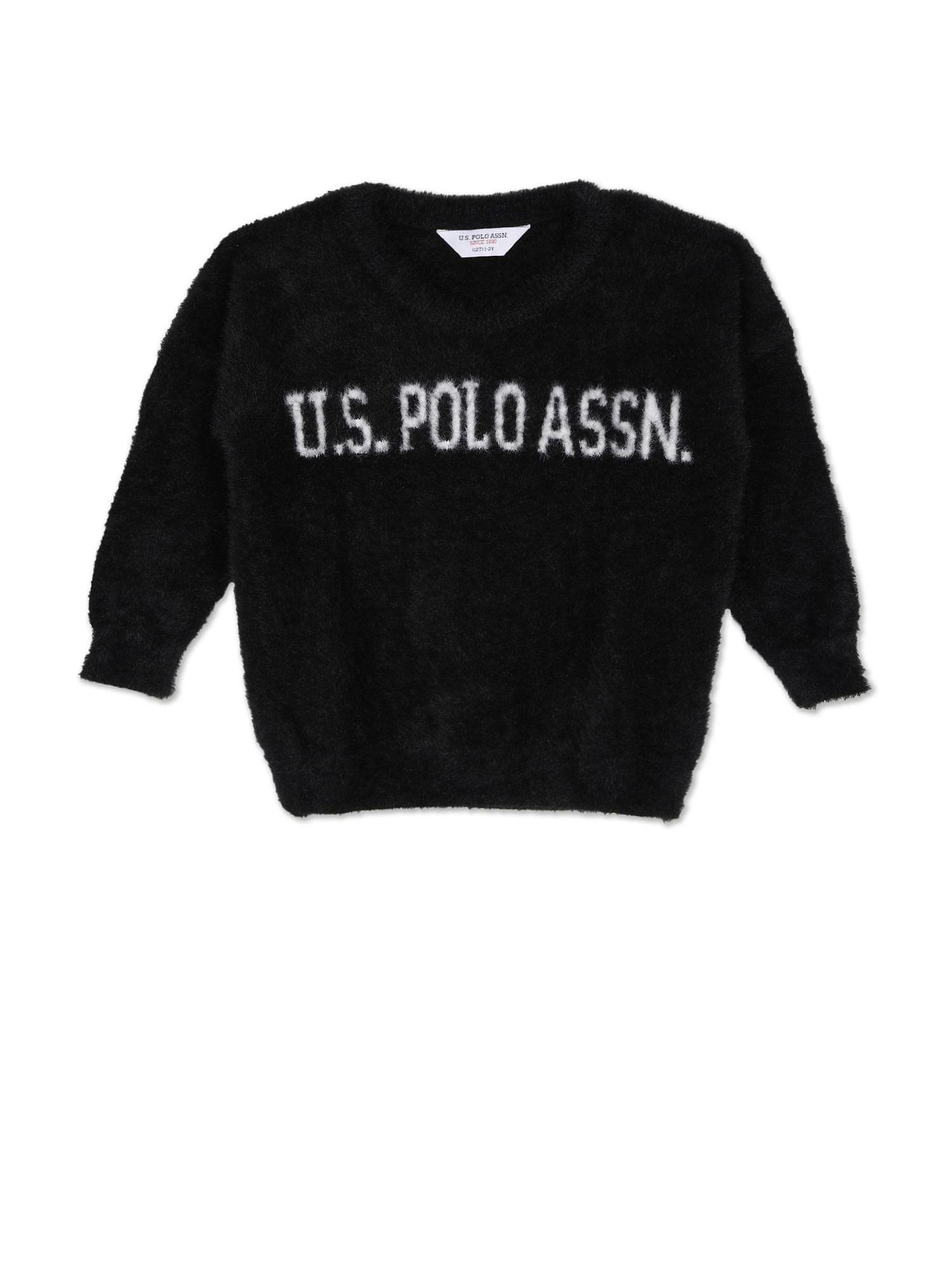 Girls Black Crew Neck Patterned Knit Polyester Sweater