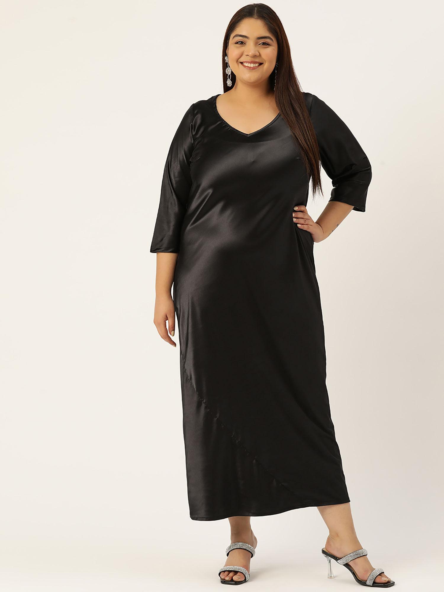 Plus Size Womens Black Solid Color Satin Maxi Dress