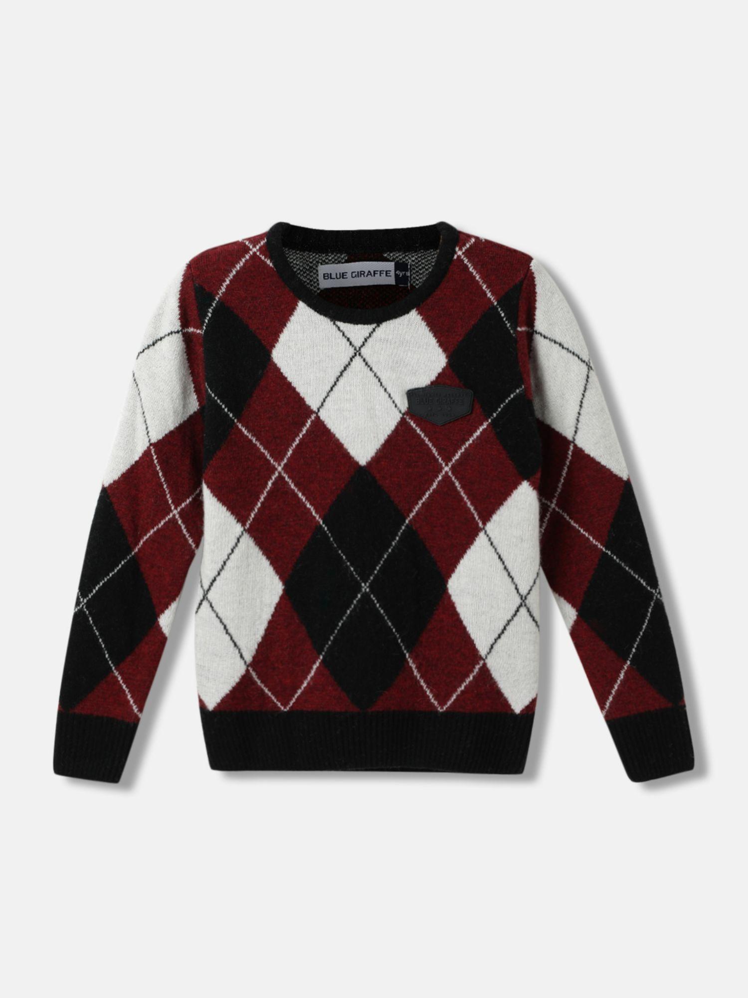 Boys Checked Round Neck Full Sleeves Sweater