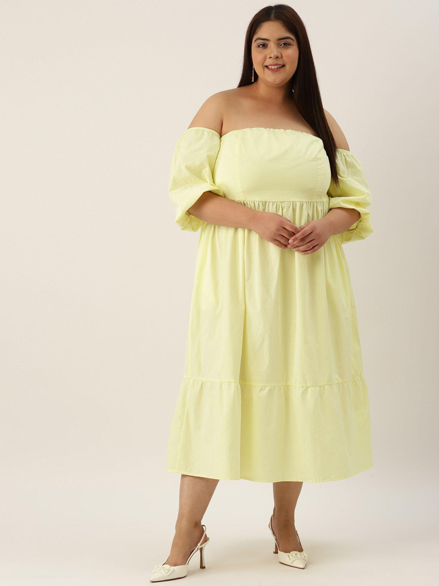 plus-size-women's-cream-solid-color-puff-sleeves-cotton-woven-dress