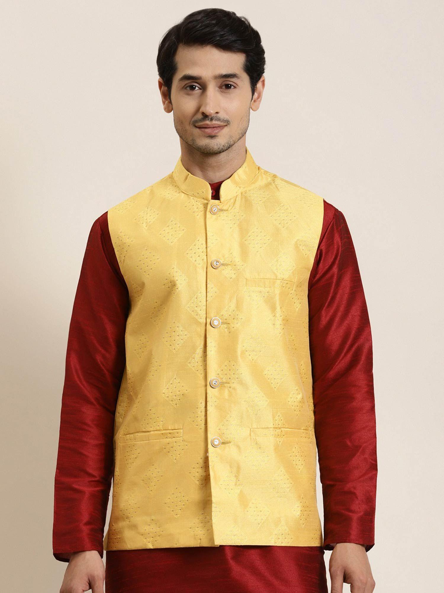Men Jacquard Silk Yellow & Gold Self Design Nehru Jacket