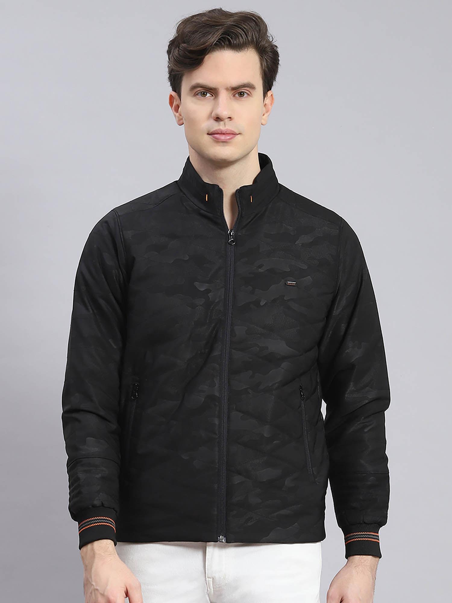 Black Solid Stand Collar Jacket