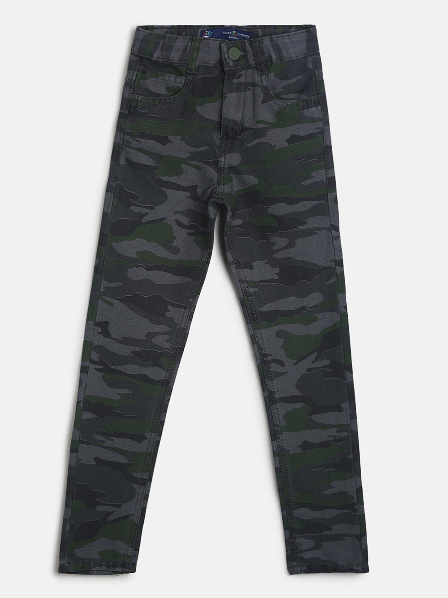 Boys Camouflage Print Grey Lycra Slim Fit Trouser