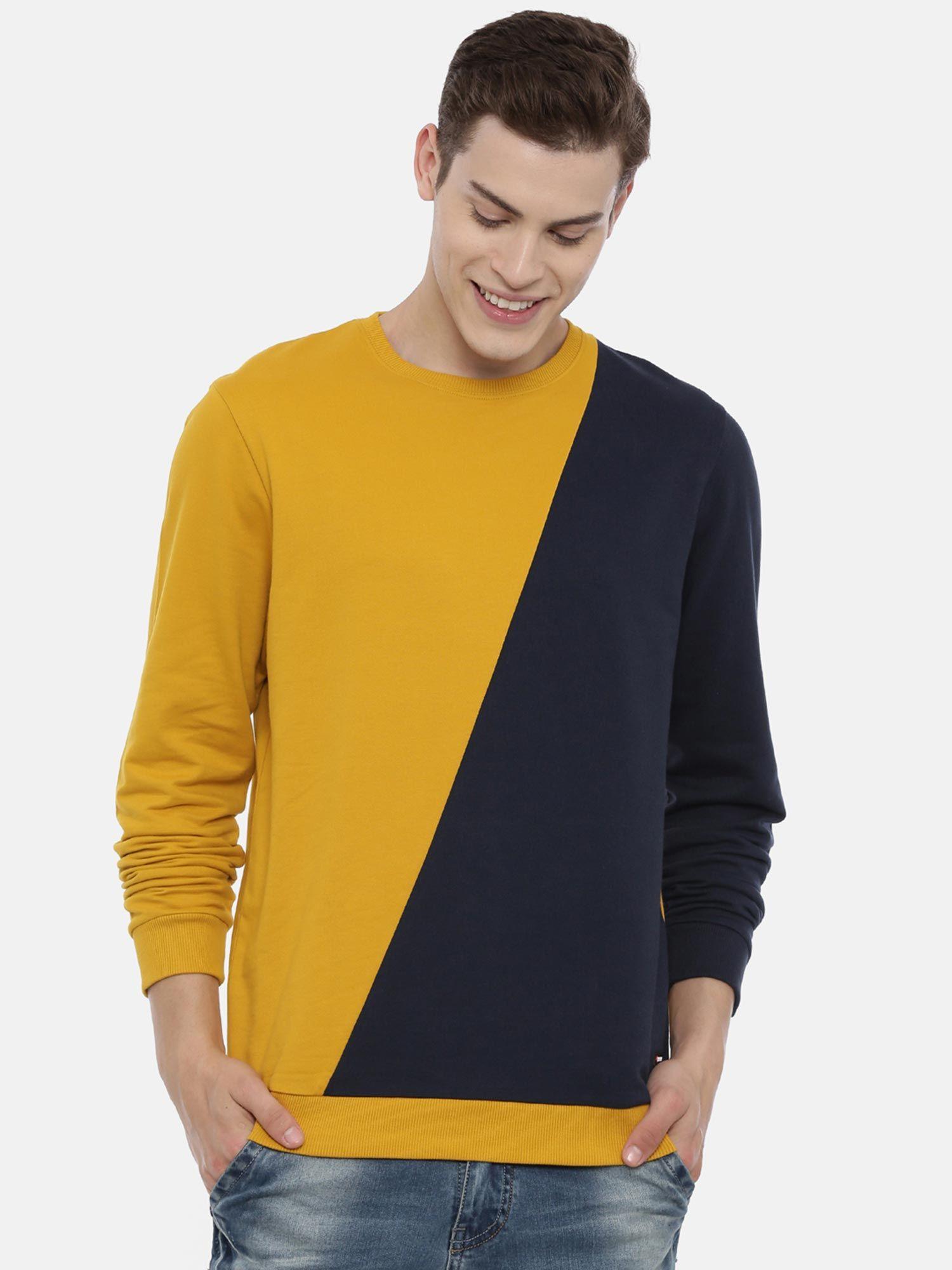 Men Mustard & Navy Blue Colourblocked Sweatshirt