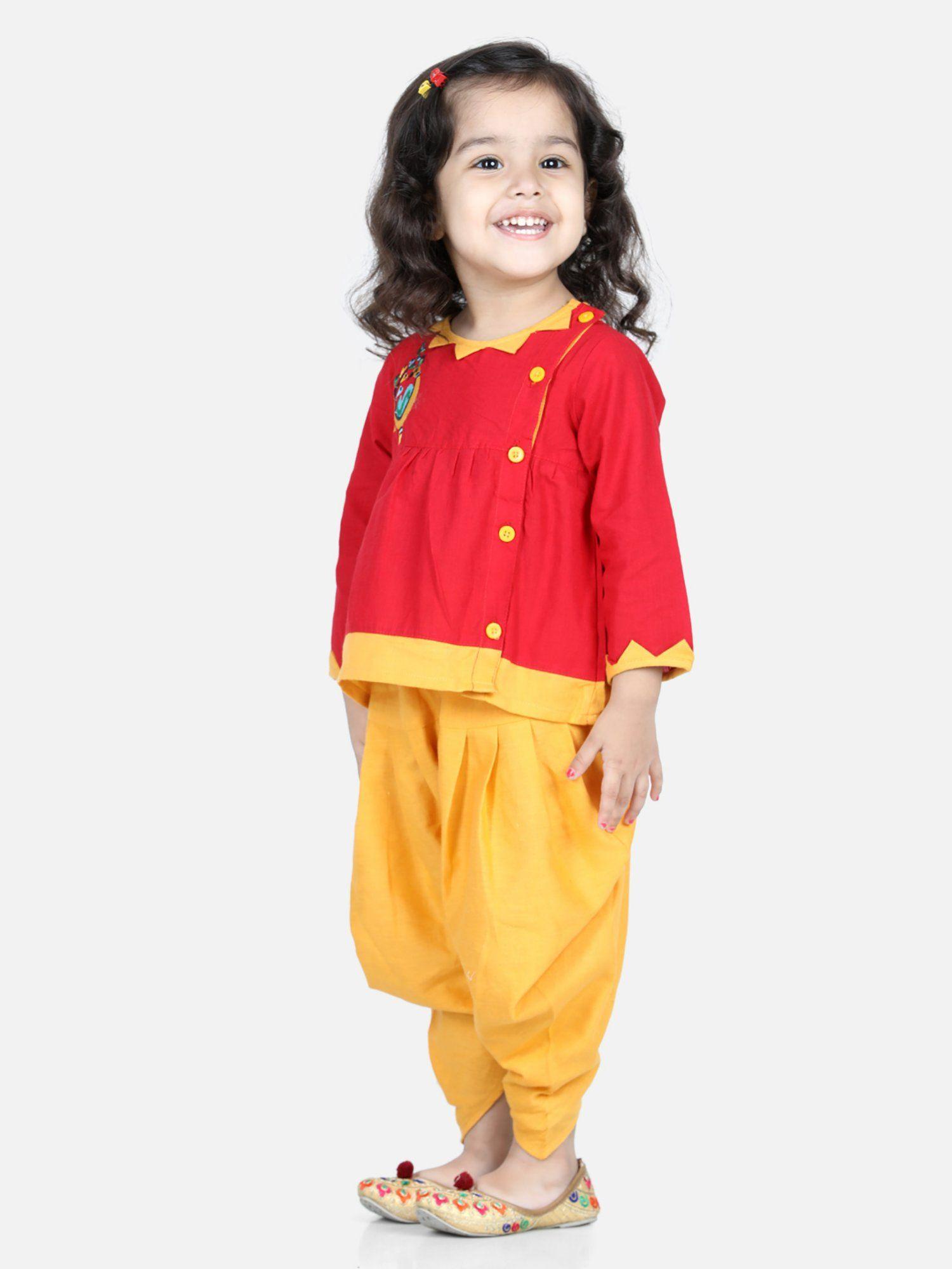 Mor Embroidery Top Dhoti For Girls- Red (Set of 2)