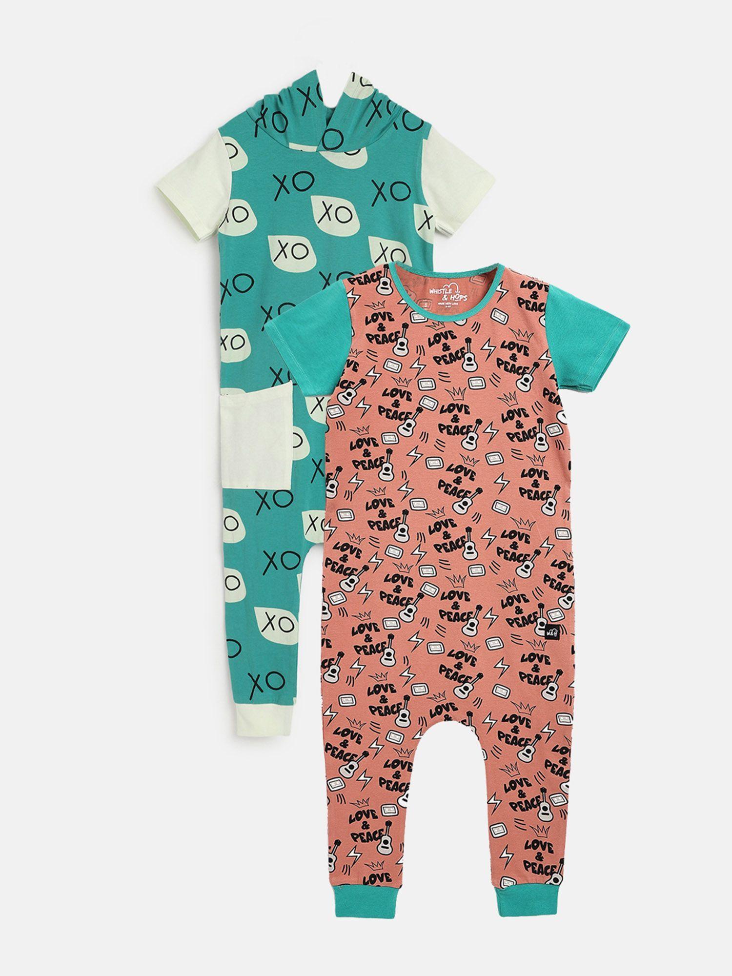 Printed Half Sleeves Rompers- Love & Peace and Blue Xo (Set of 2)