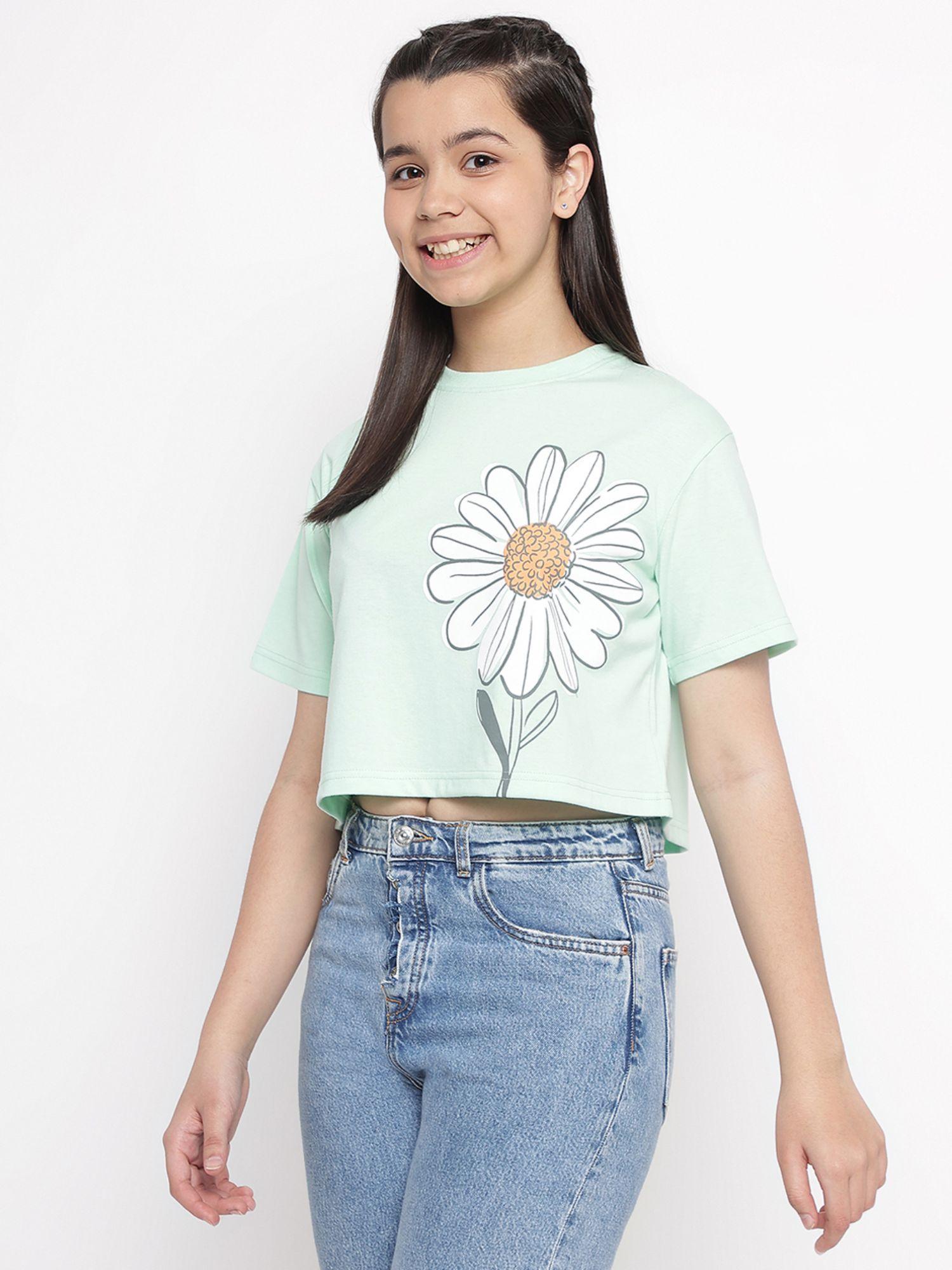 Girls Graphic Cotton Top Green