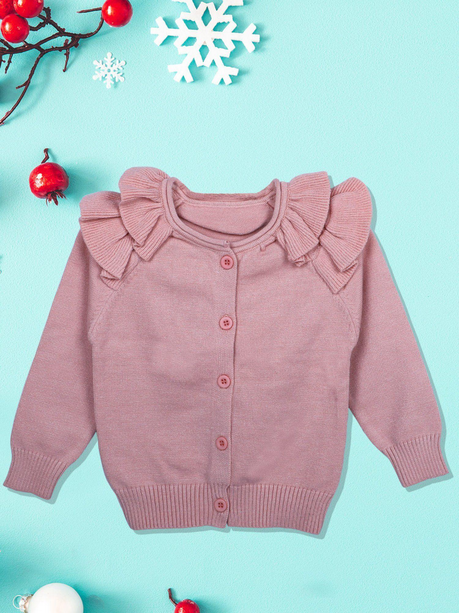 Charming Frilly Premium Full Sleeves Knitted Cardigan Pink