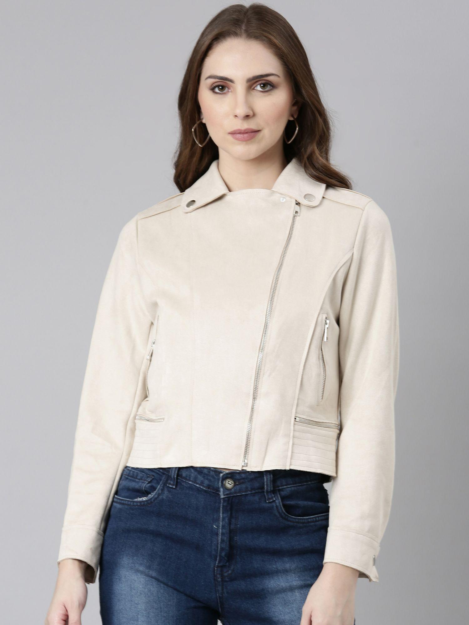 Womens Collar Cream Solid Tailored Jacket