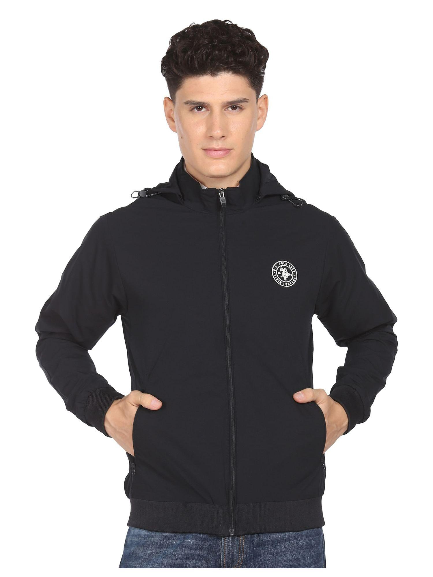 men-black-high-neck-solid-detachable-hood-jacket