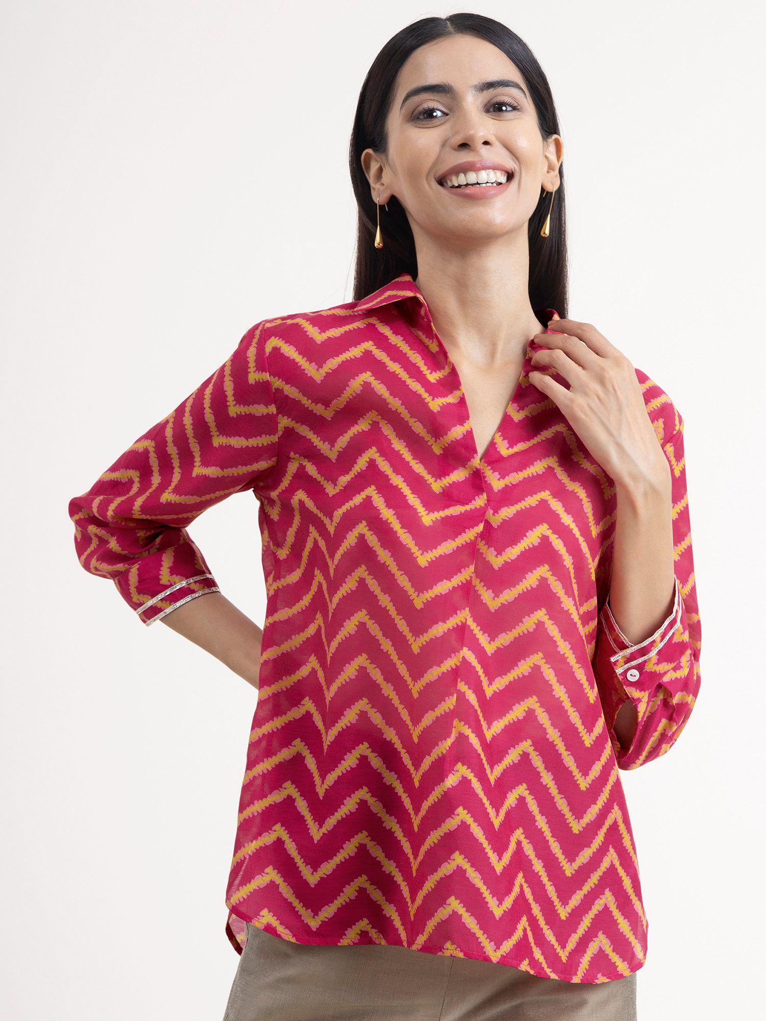 High Low Chanderi Chevron Top Pink and Lime