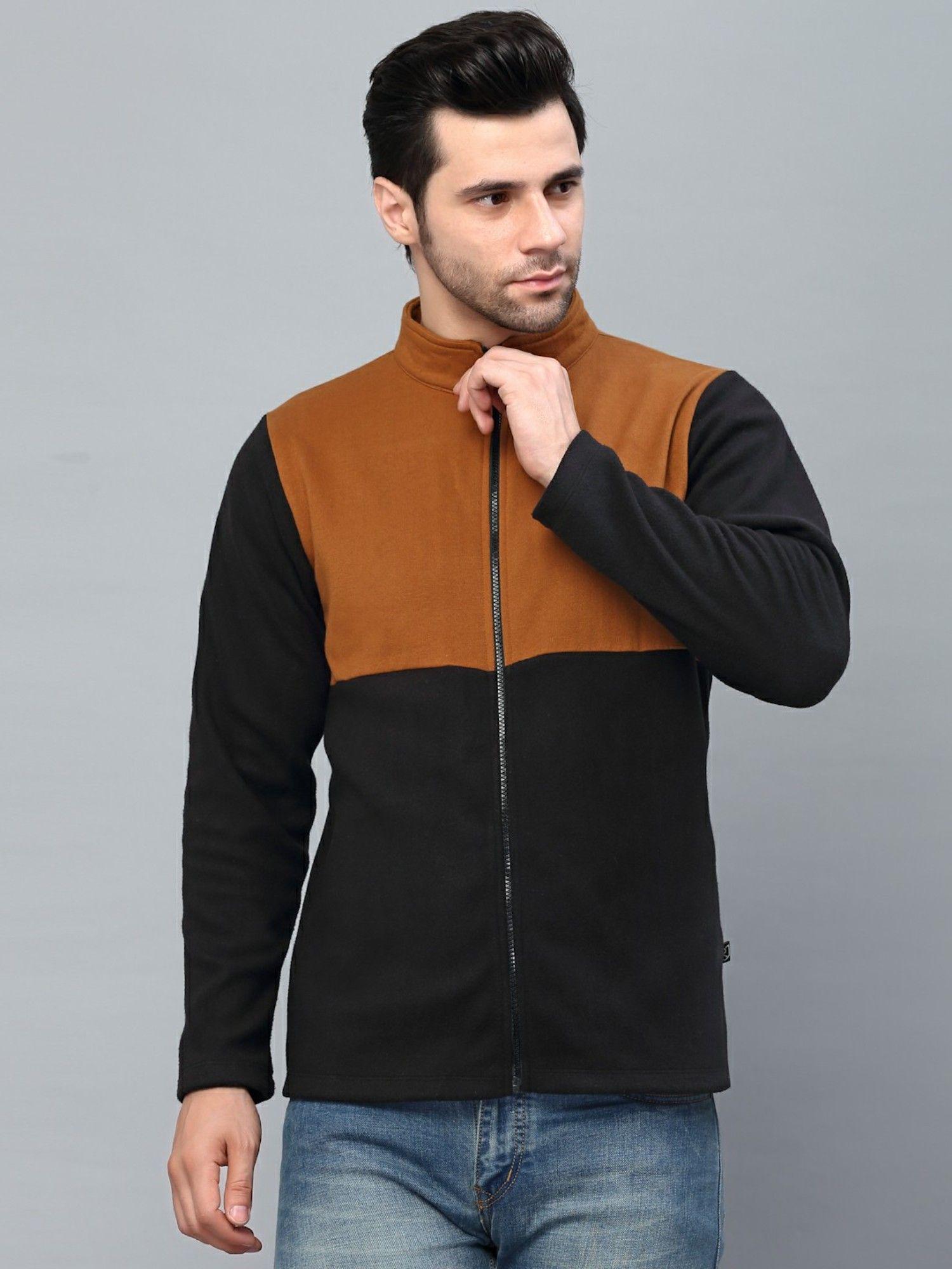 men-black-color-blocked-high-neck-polar-fleece-jacket